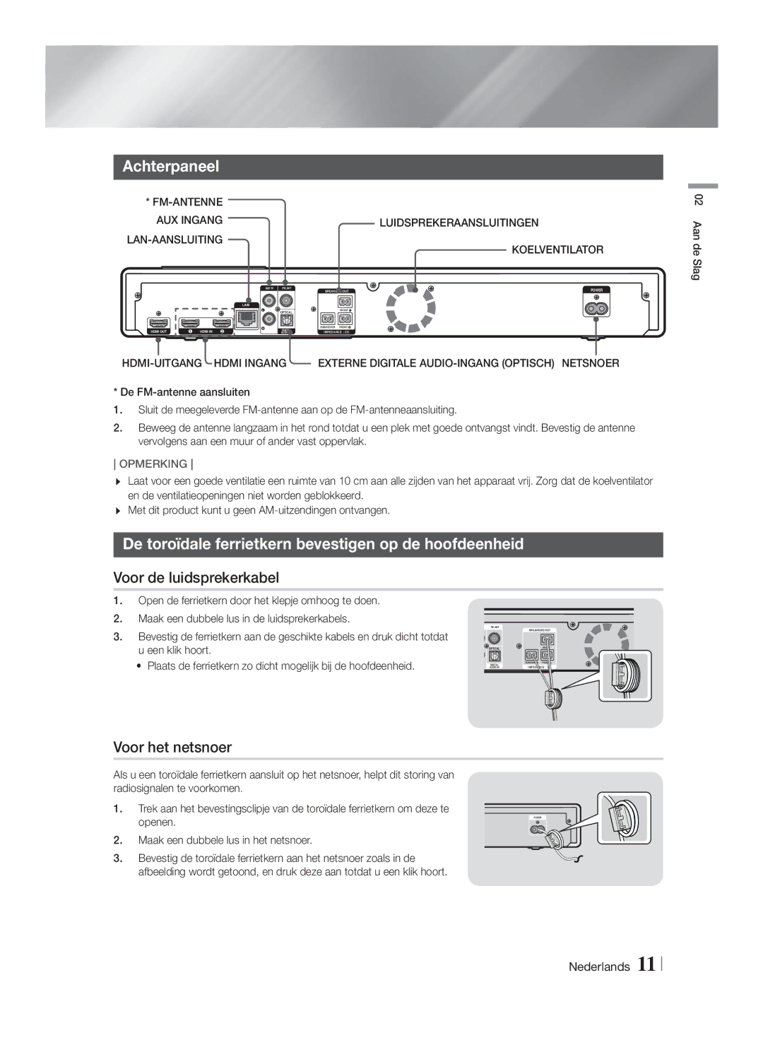 Samsung HT-FS9200/XN manual Achterpaneel, De toroïdale ferrietkern bevestigen op de hoofdeenheid, Voor de luidsprekerkabel 