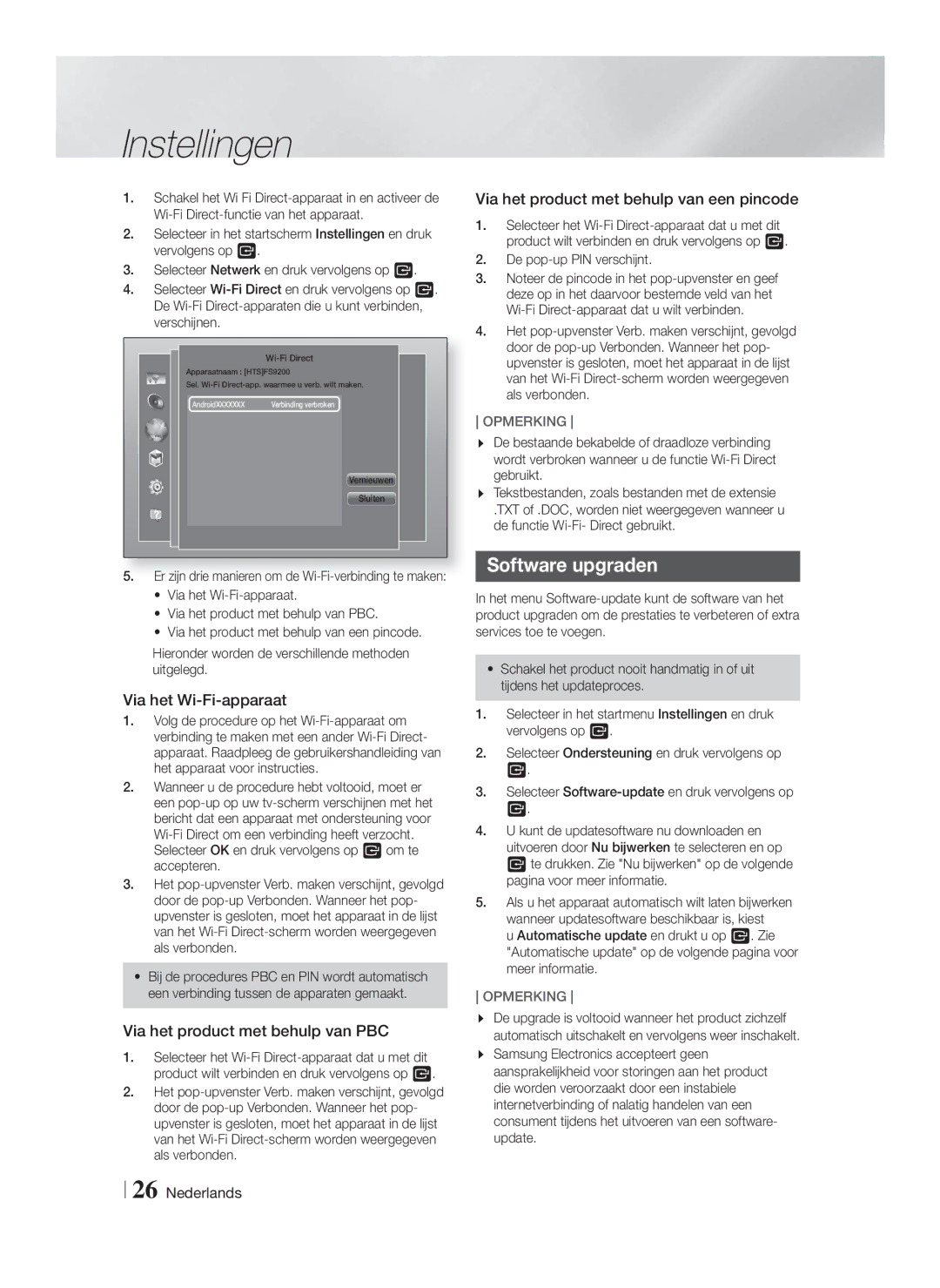 Samsung HT-FS9200/ZF, HT-FS9200/XN manual Software upgraden, Via het Wi-Fi-apparaat, Via het product met behulp van PBC 