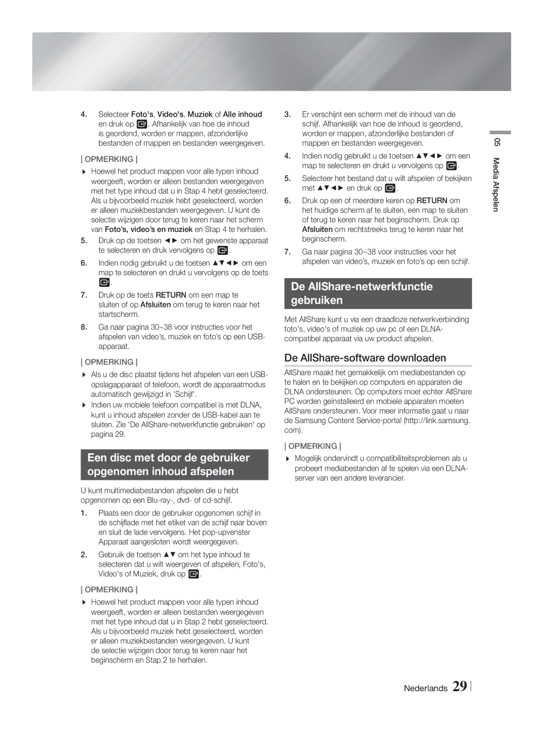 Samsung HT-FS9200/XN manual Een disc met door de gebruiker Opgenomen inhoud afspelen, De AllShare-netwerkfunctie Gebruiken 