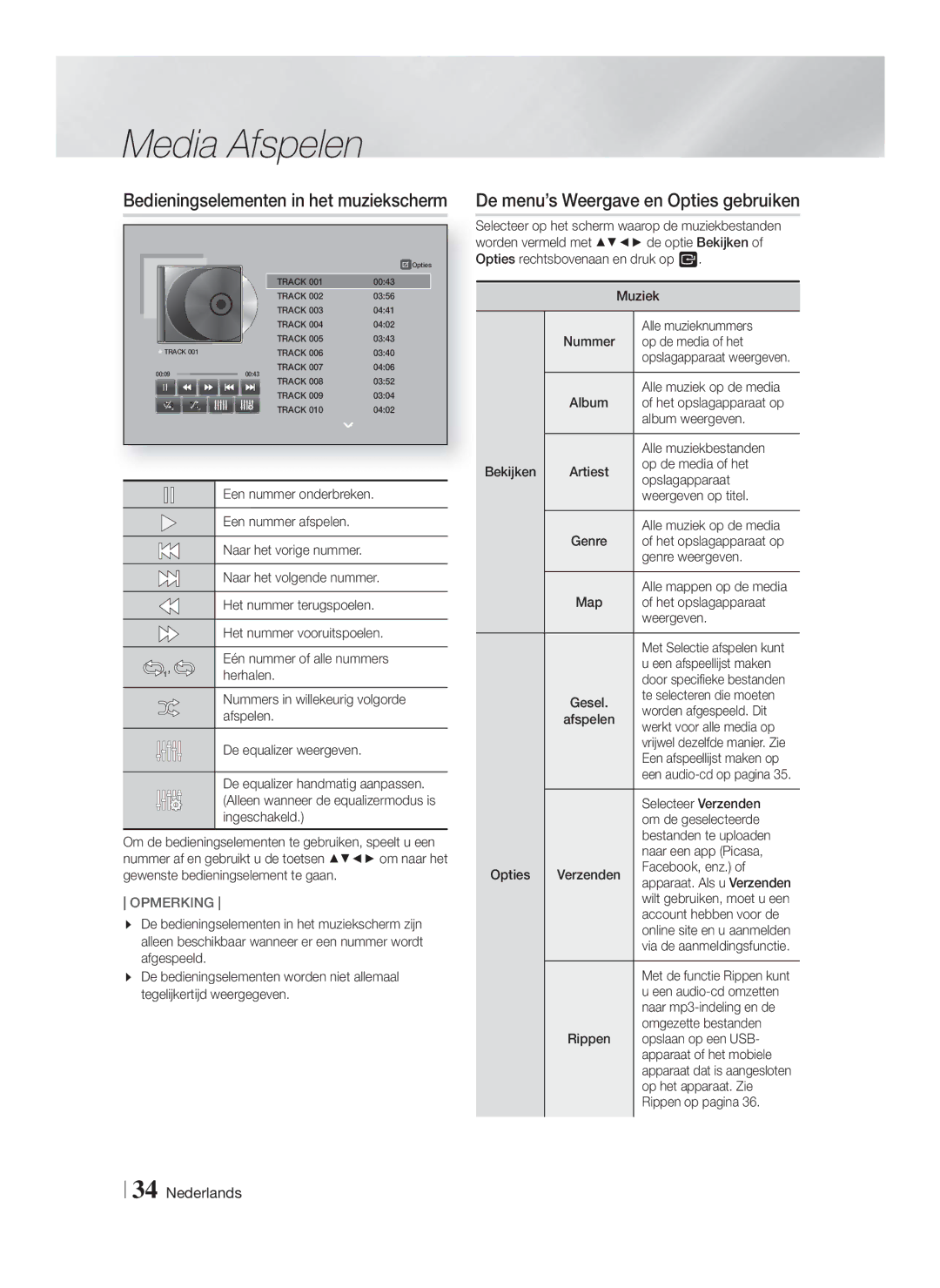 Samsung HT-FS9200/ZF, HT-FS9200/XN manual De menu’s Weergave en Opties gebruiken, Bedieningselementen in het muziekscherm 