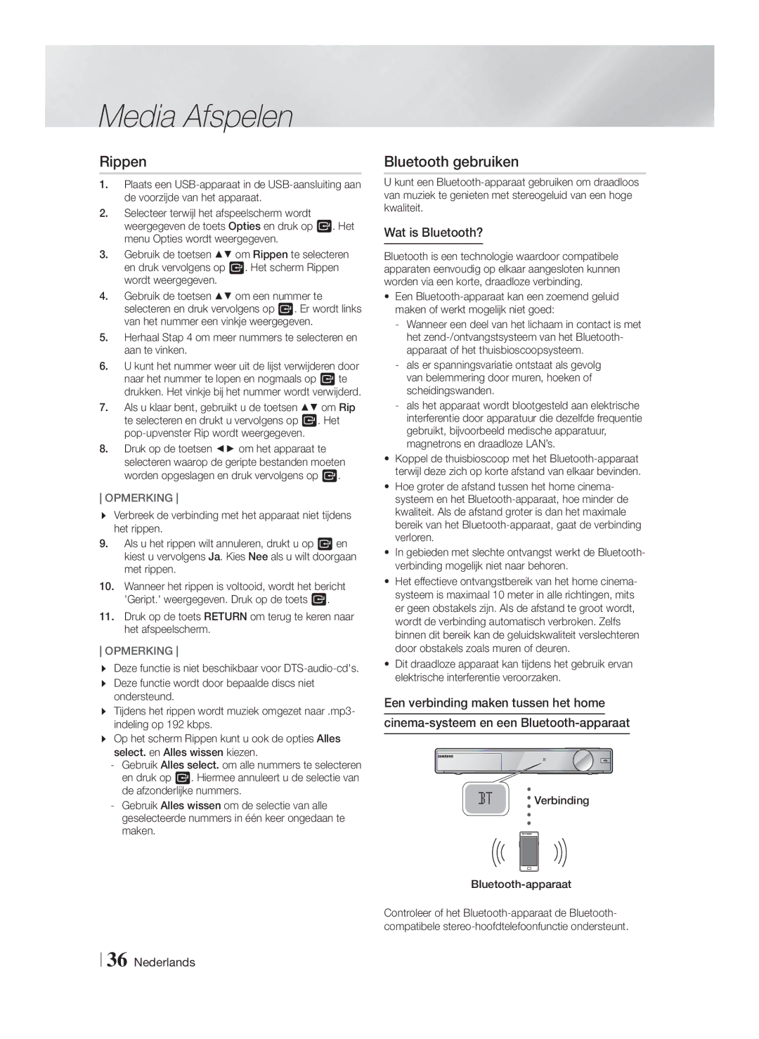 Samsung HT-FS9200/ZF, HT-FS9200/XN manual Rippen, Bluetooth gebruiken, Wat is Bluetooth?, Verbinding Bluetooth-apparaat 