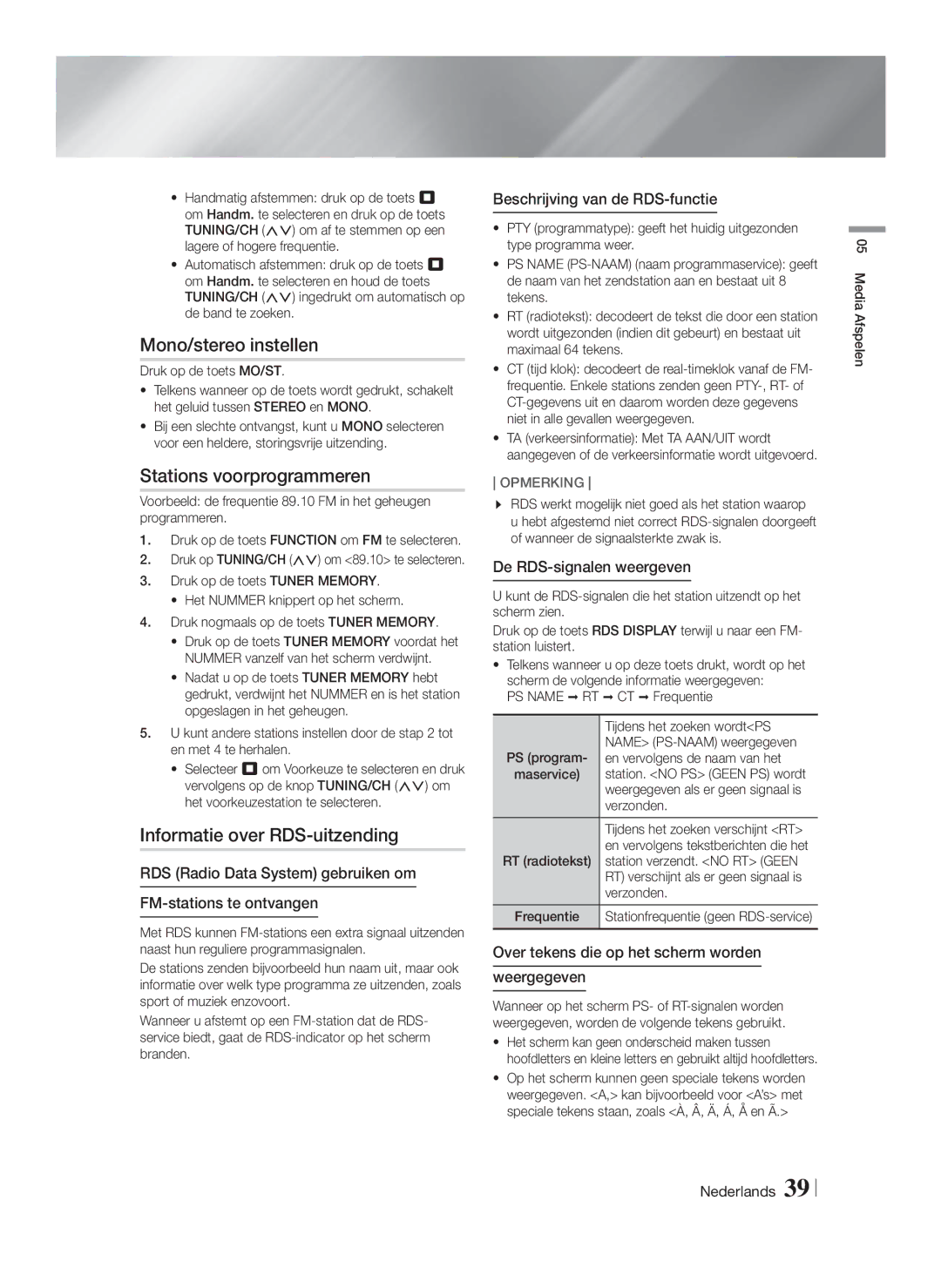 Samsung HT-FS9200/XN, HT-FS9200/ZF manual Mono/stereo instellen, Stations voorprogrammeren, Informatie over RDS-uitzending 