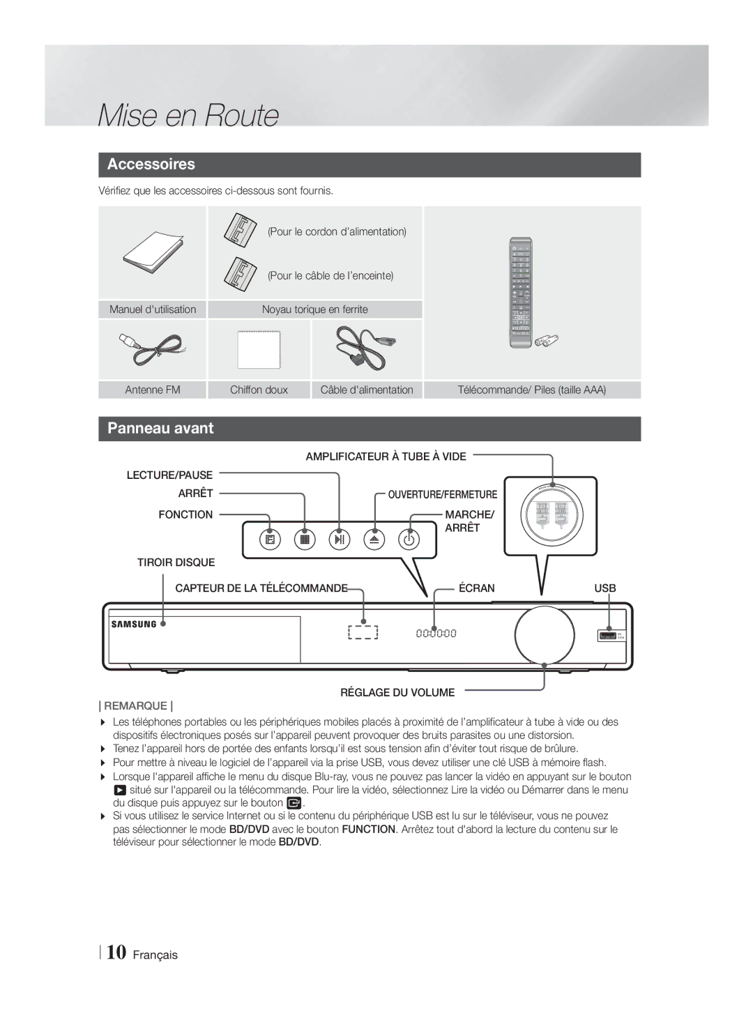 Samsung HT-FS9200/ZF Accessoires, Panneau avant, Amplificateur À Tube À Vide LECTURE/PAUSE Arrêt, Ouverture/Fermeture 