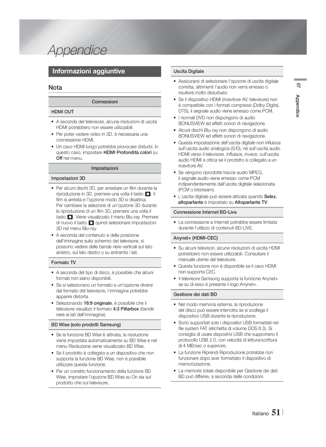 Samsung HT-FS9200/ZF manual Appendice, Informazioni aggiuntive, Nota, Hdmi OUT 