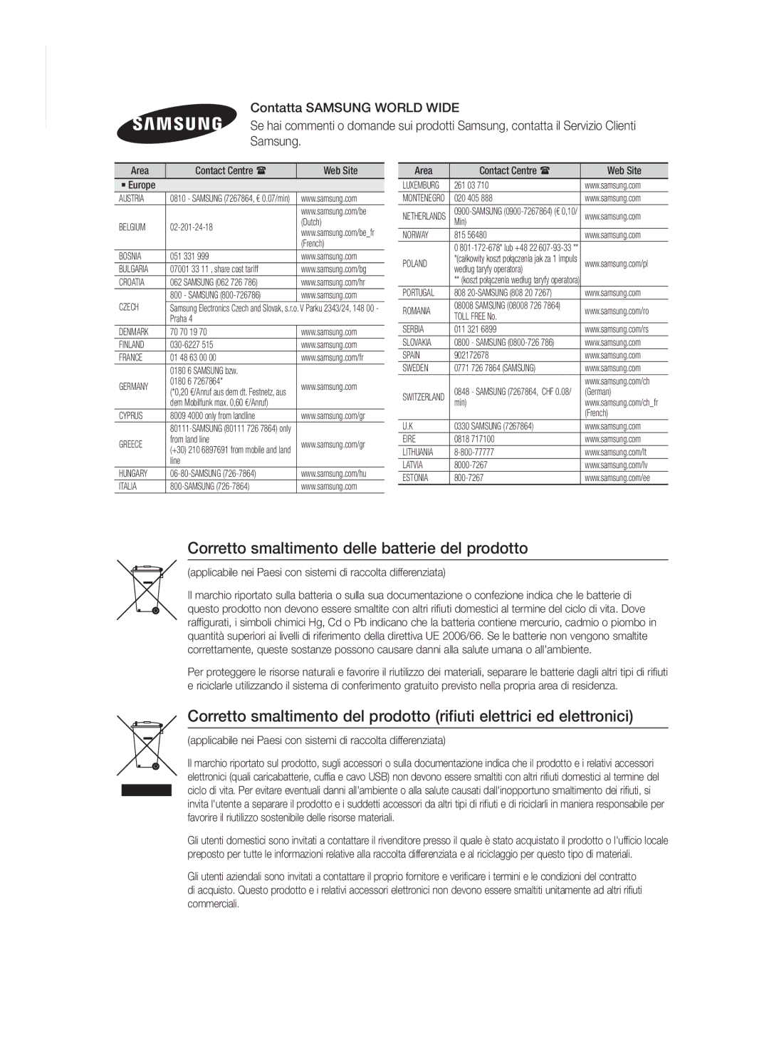 Samsung HT-FS9200/ZF manual Corretto smaltimento delle batterie del prodotto 