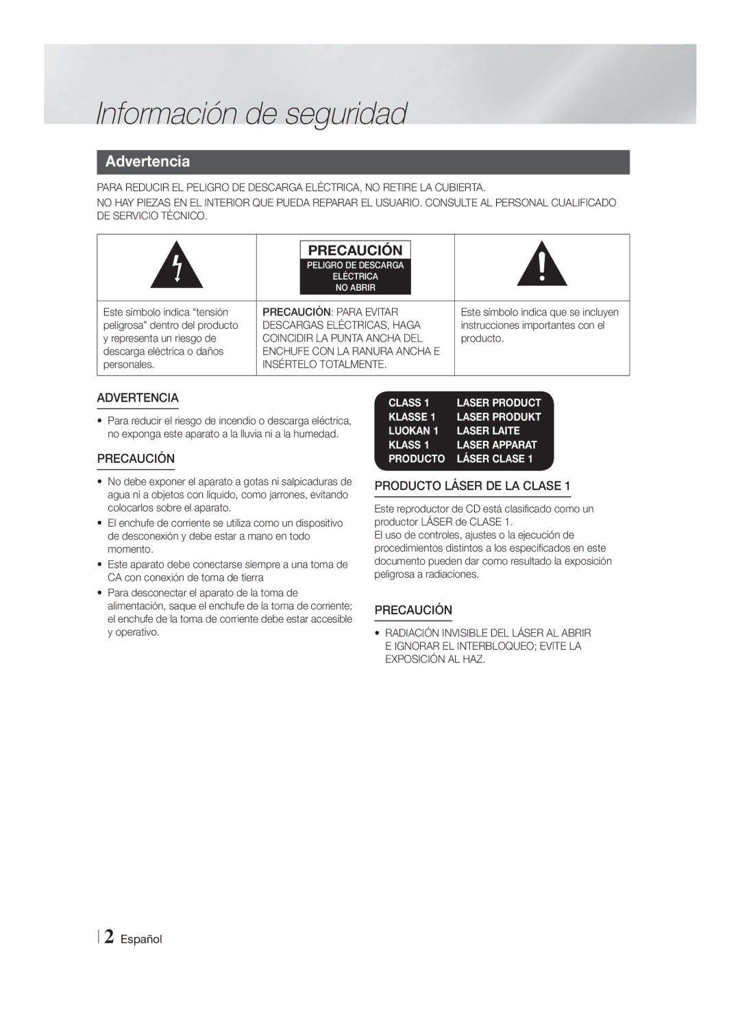 Samsung HT-FS9200/ZF manual Información de seguridad, Advertencia 