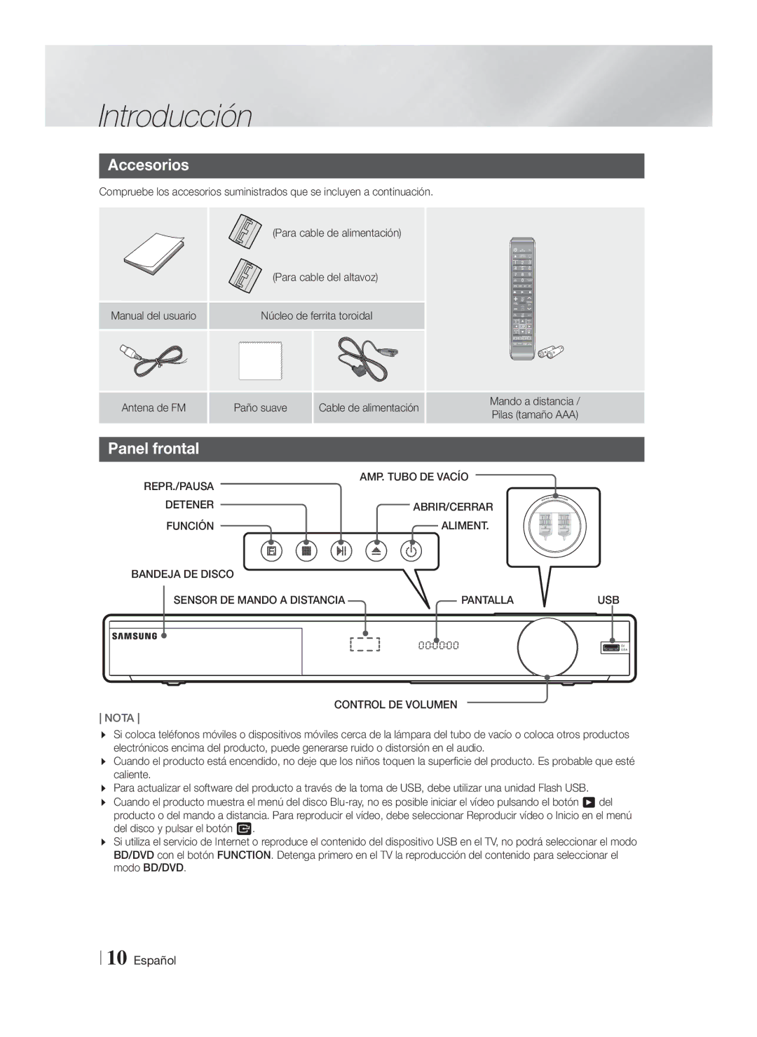 Samsung HT-FS9200/ZF manual Accesorios, Panel frontal, Antena de FM Paño suave Cable de alimentación 