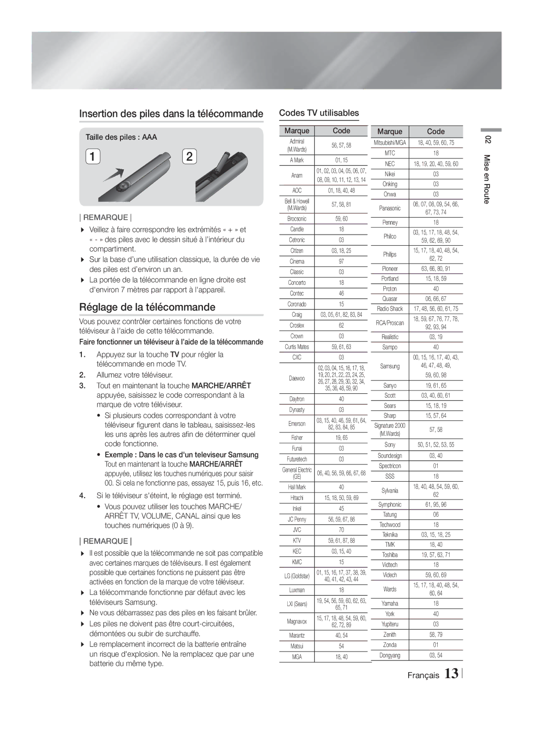 Samsung HT-FS9200/ZF Réglage de la télécommande, Codes TV utilisables, Si le téléviseur séteint, le réglage est terminé 