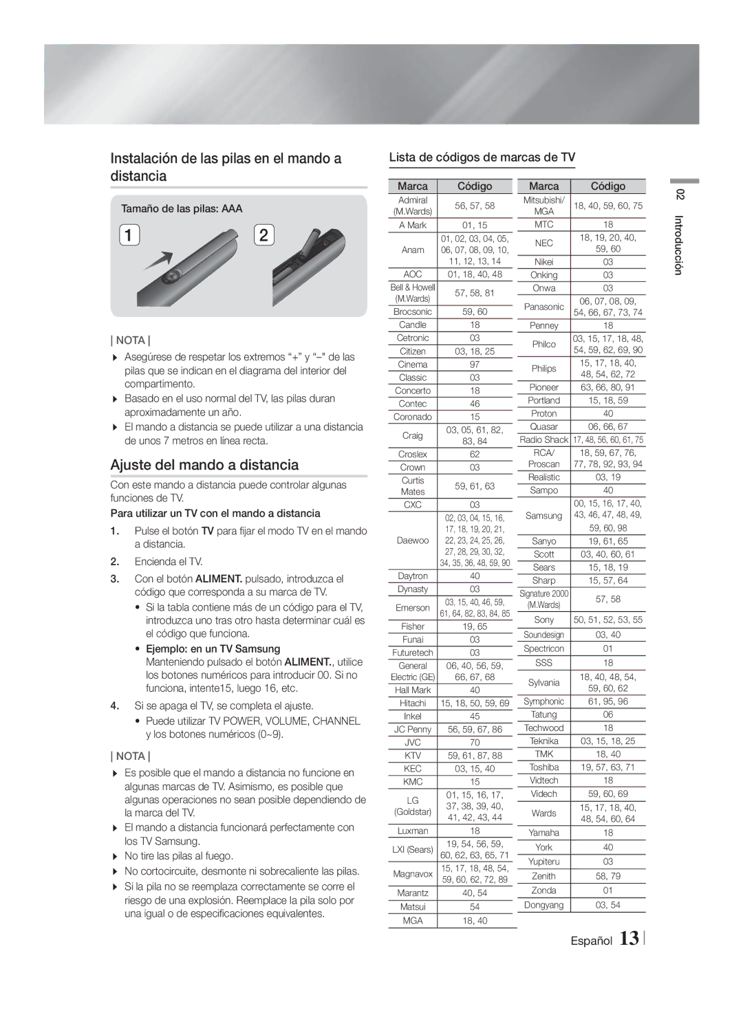 Samsung HT-FS9200/ZF manual Instalación de las pilas en el mando a distancia, Ajuste del mando a distancia, Marca Código 