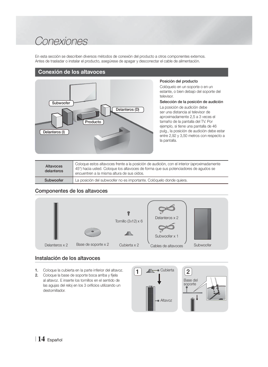 Samsung HT-FS9200/ZF Conexiones, Conexión de los altavoces, Componentes de los altavoces, Instalación de los altavoces 