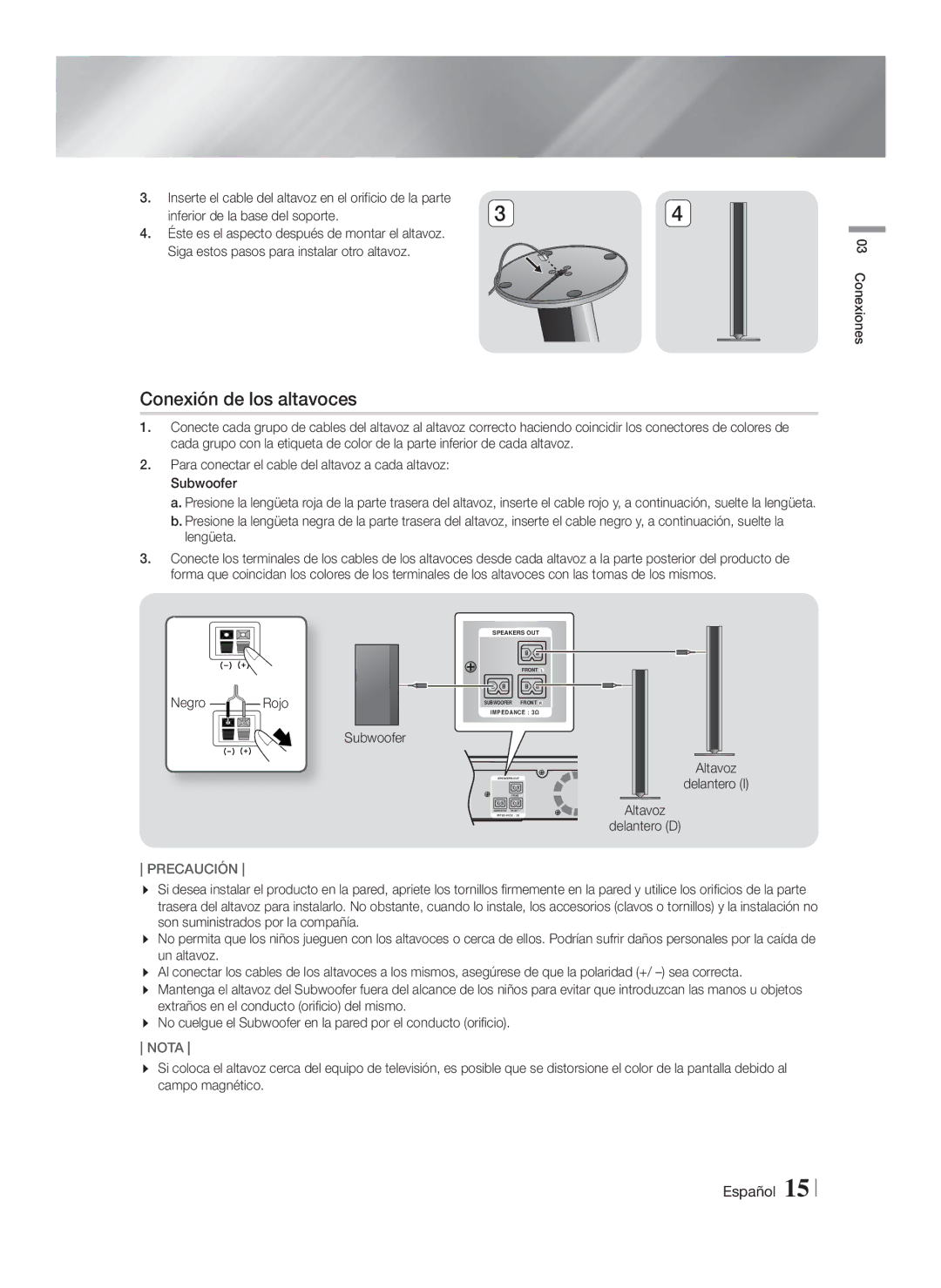 Samsung HT-FS9200/ZF manual Conexión de los altavoces, Negro Rojo, Altavoz, Delantero D 