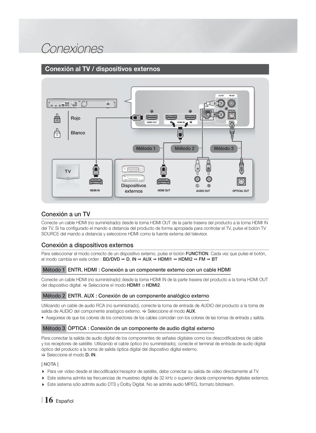 Samsung HT-FS9200/ZF manual Conexión al TV / dispositivos externos, Conexión a un TV, Conexión a dispositivos externos 