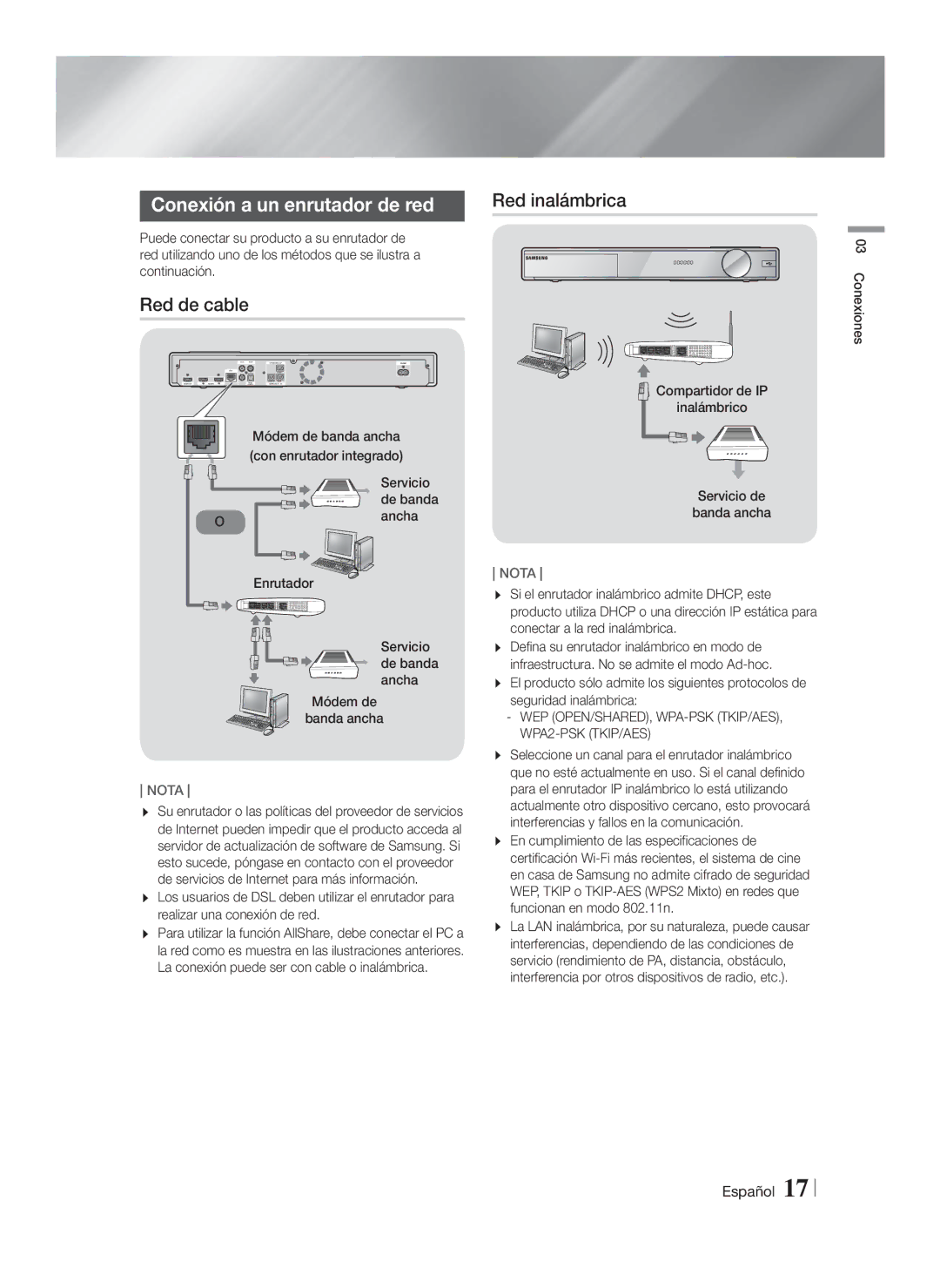 Samsung HT-FS9200/ZF manual Conexión a un enrutador de red, Red de cable 