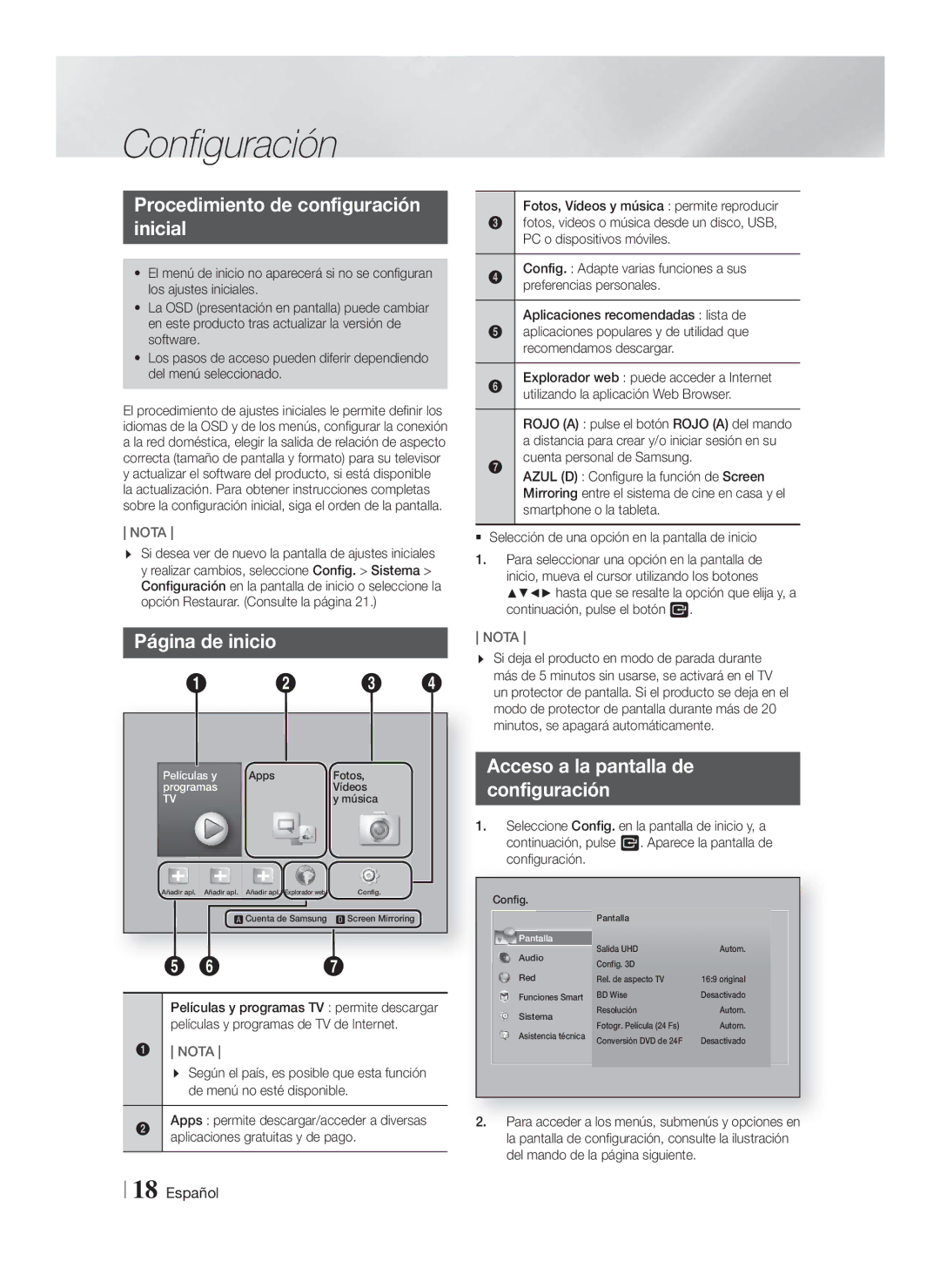 Samsung HT-FS9200/ZF manual Configuración, Procedimiento de configuración Inicial, Página de inicio 