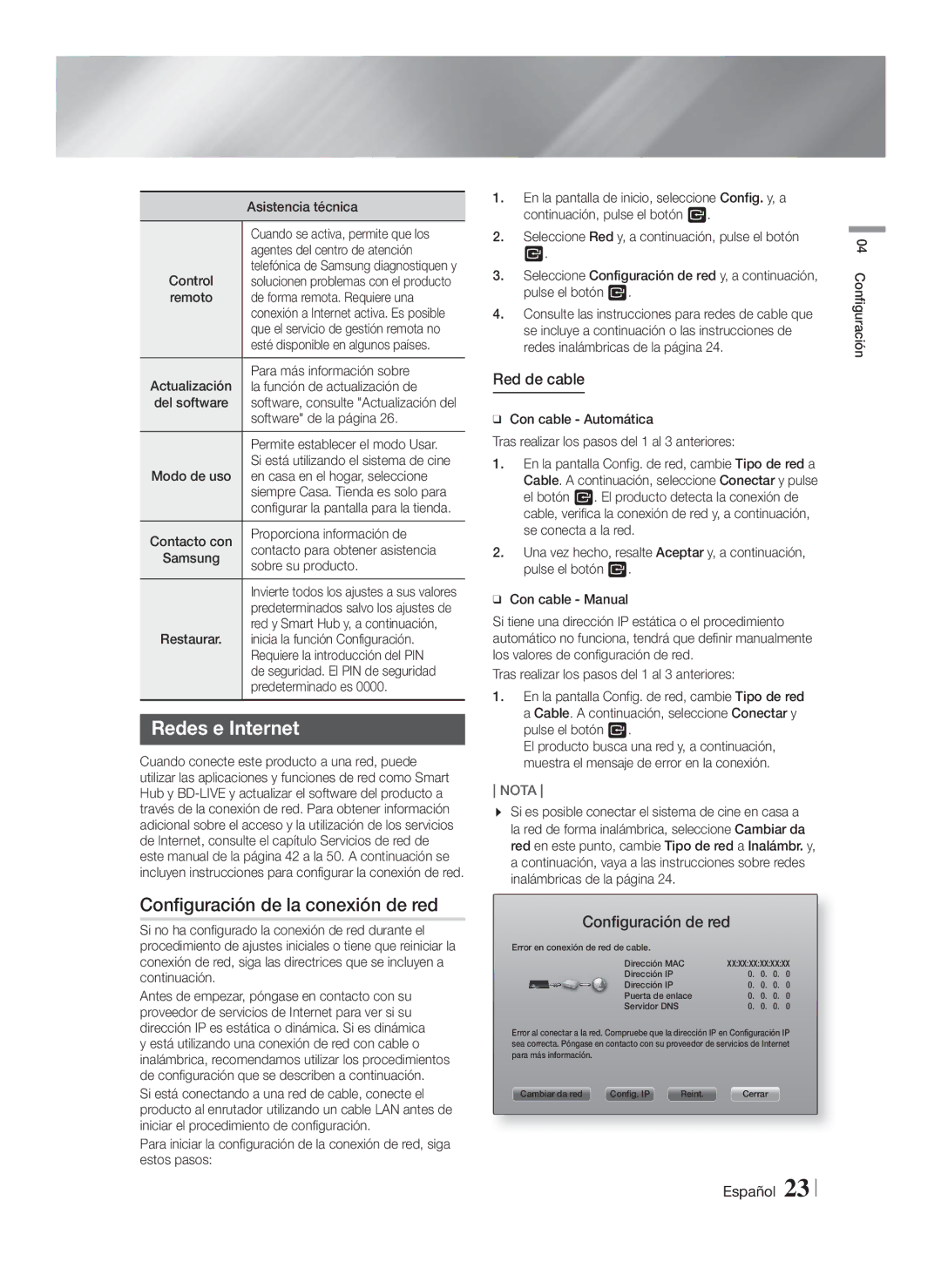 Samsung HT-FS9200/ZF manual Redes e Internet, Configuración de la conexión de red, Red de cable, Configuración de red 