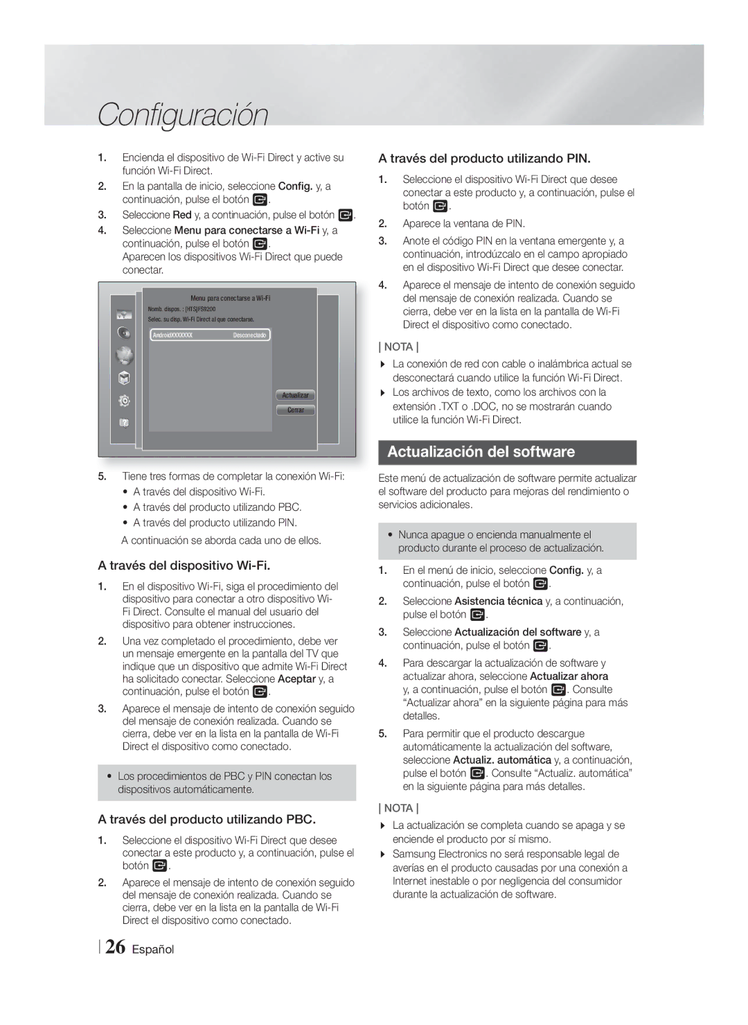 Samsung HT-FS9200/ZF manual Actualización del software, Través del dispositivo Wi-Fi, Través del producto utilizando PBC 