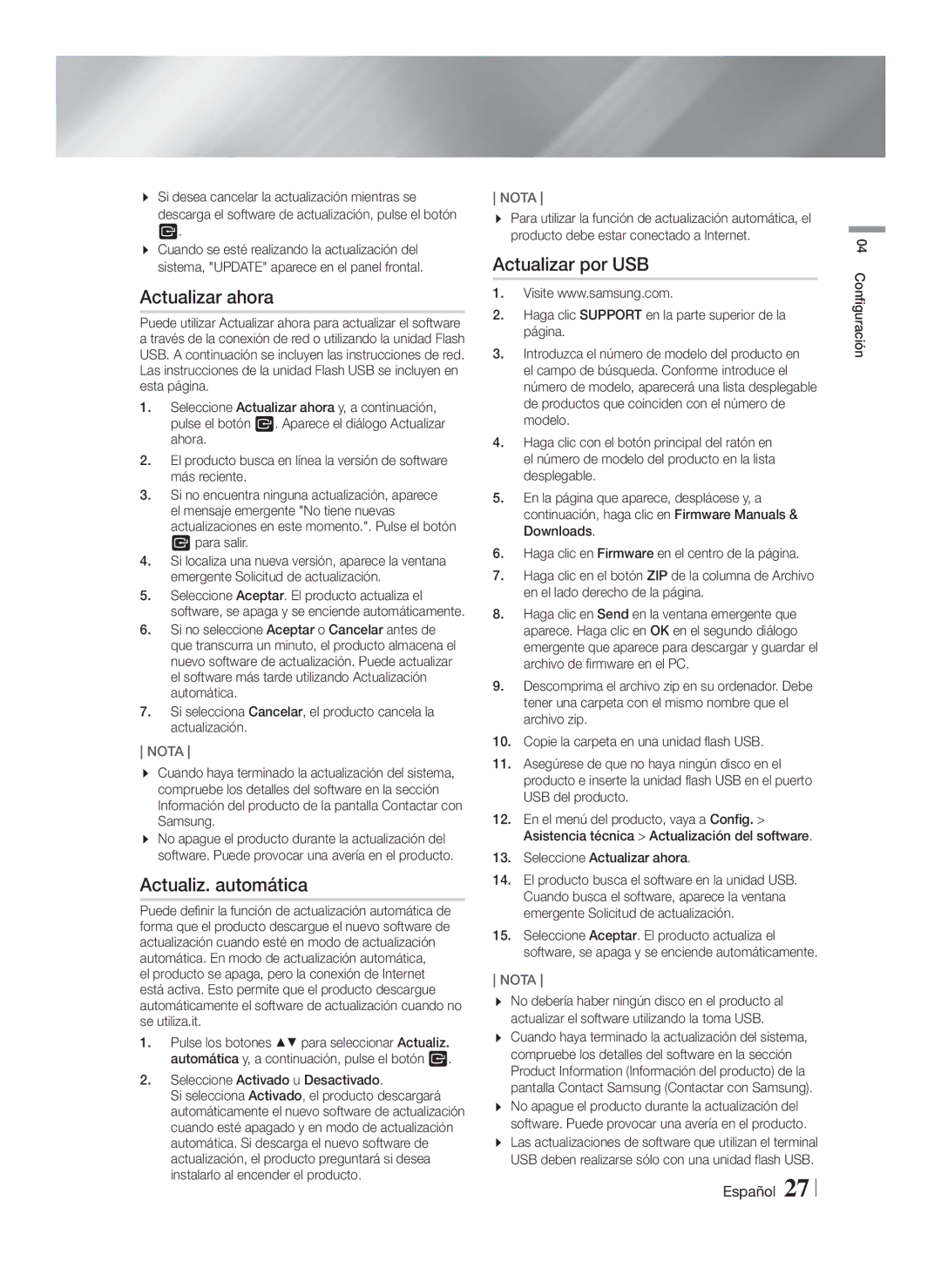 Samsung HT-FS9200/ZF manual Actualizar ahora, Actualiz. automática, Actualizar por USB, Seleccione Activado u Desactivado 