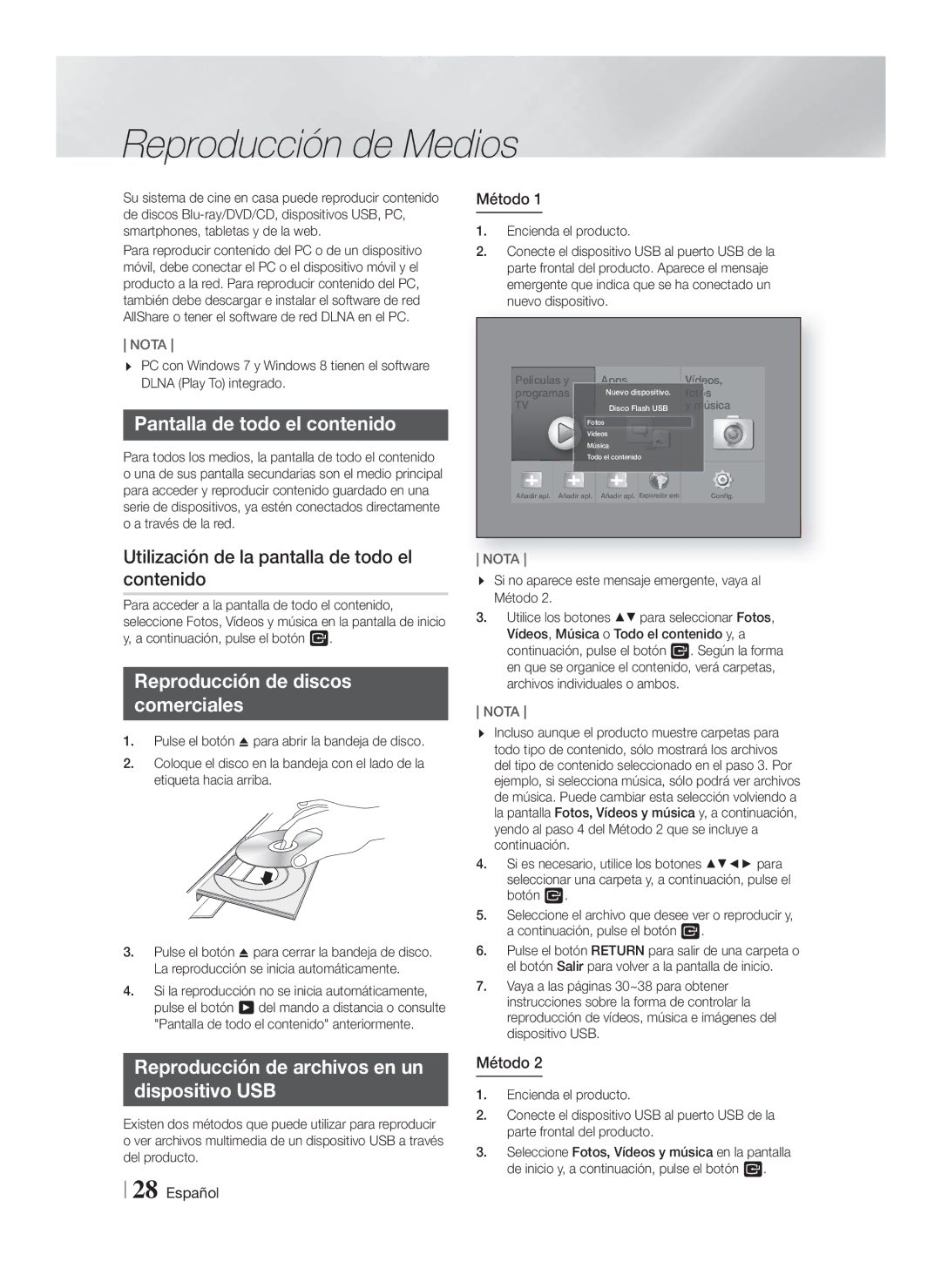 Samsung HT-FS9200/ZF manual Reproducción de Medios, Pantalla de todo el contenido, Reproducción de discos Comerciales 