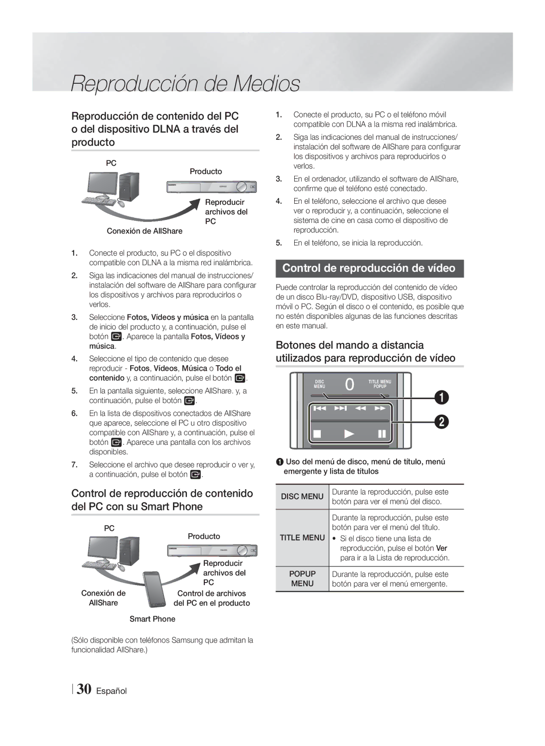 Samsung HT-FS9200/ZF manual Control de reproducción de vídeo 