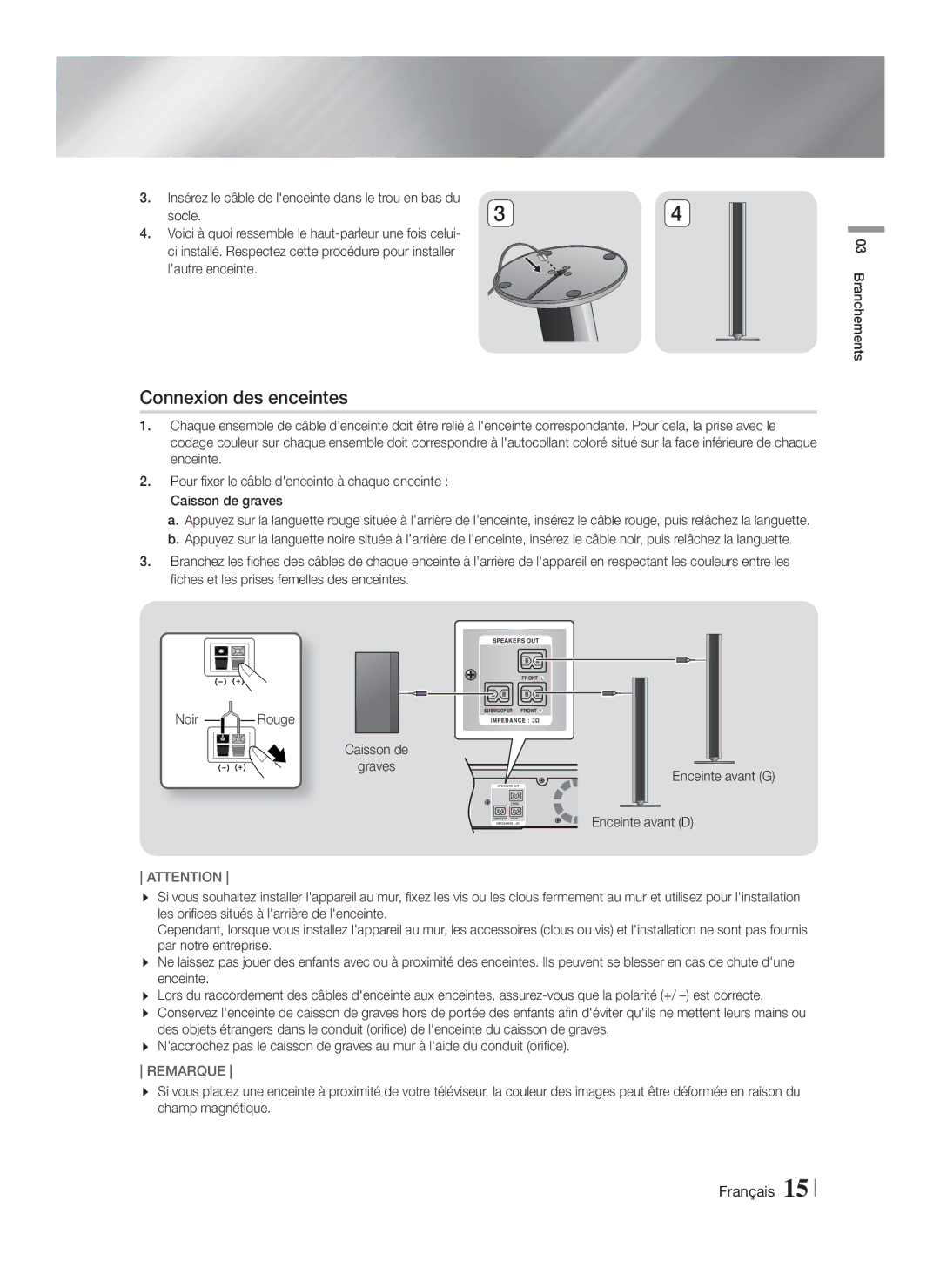 Samsung HT-FS9200/ZF manual Connexion des enceintes, Noir Rouge, Enceinte avant G 