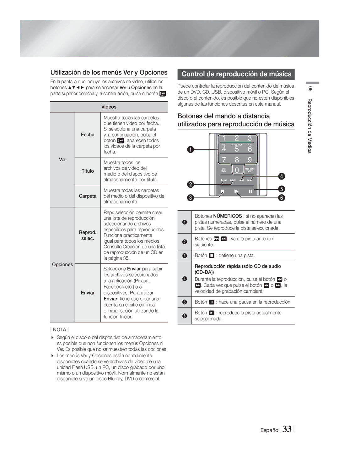 Samsung HT-FS9200/ZF manual Utilización de los menús Ver y Opciones, Control de reproducción de música 