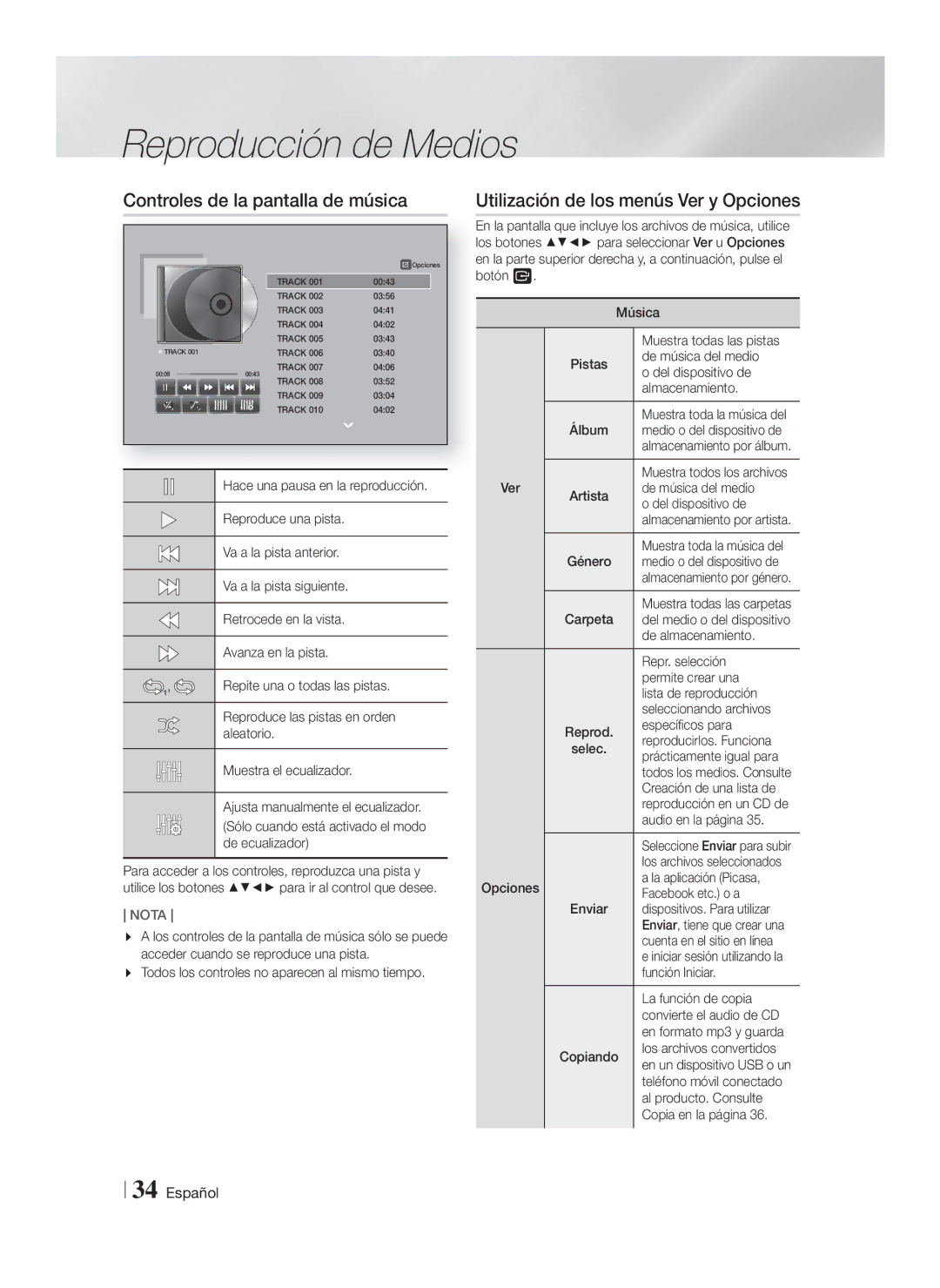 Samsung HT-FS9200/ZF manual Controles de la pantalla de música 