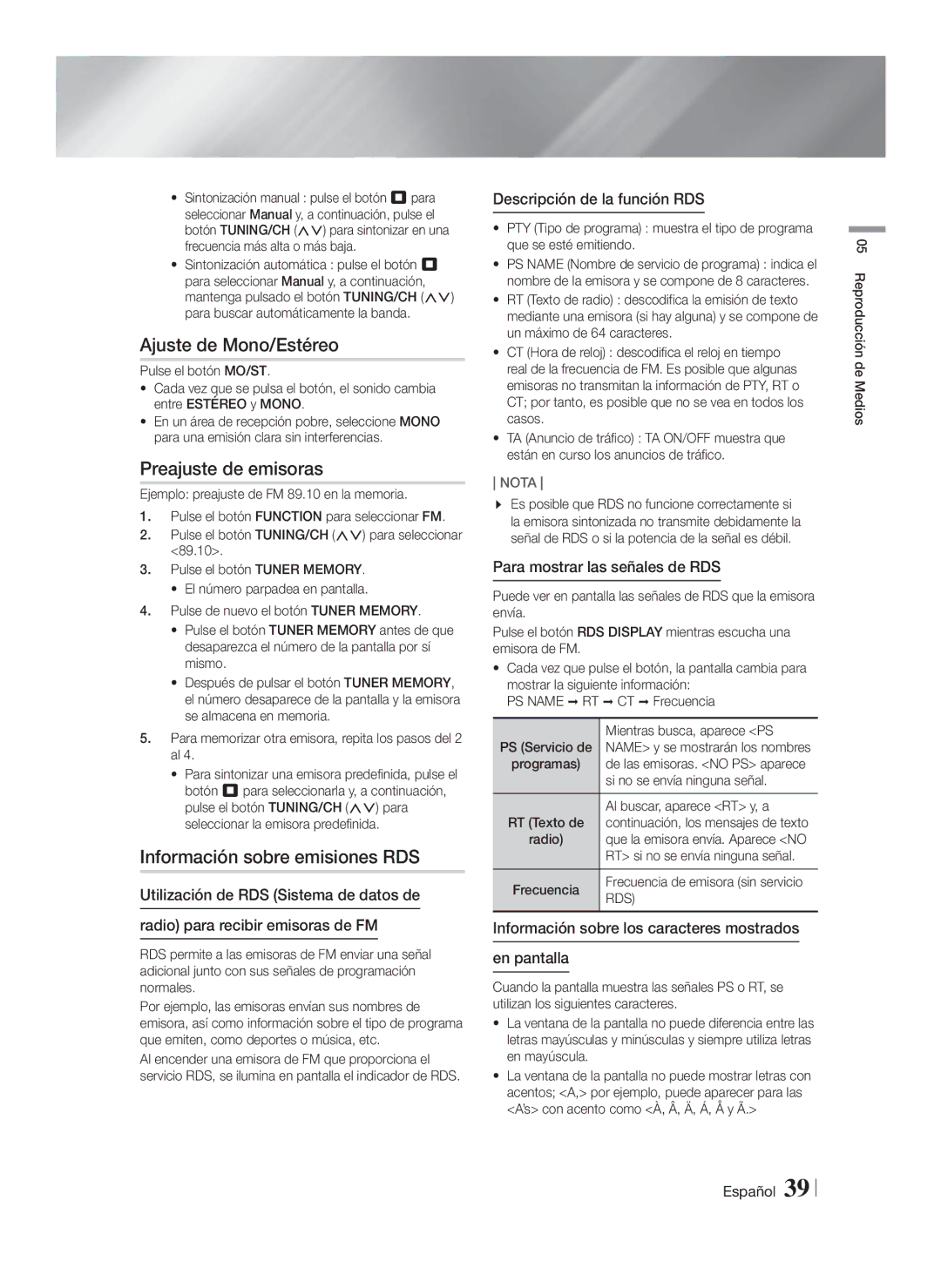 Samsung HT-FS9200/ZF manual Ajuste de Mono/Estéreo, Preajuste de emisoras, Información sobre emisiones RDS 