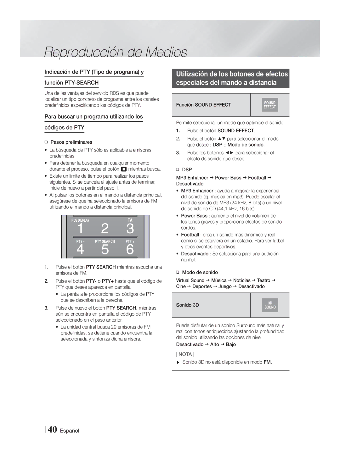 Samsung HT-FS9200/ZF manual Indicación de PTY Tipo de programa y Función PTY-SEARCH, Función Sound Effect, Sonido 3D 