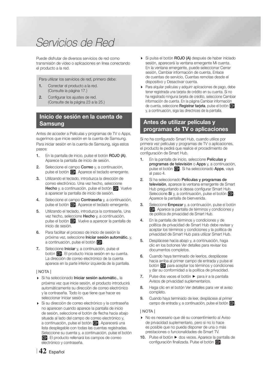 Samsung HT-FS9200/ZF manual Servicios de Red, Inicio de sesión en la cuenta de Samsung 