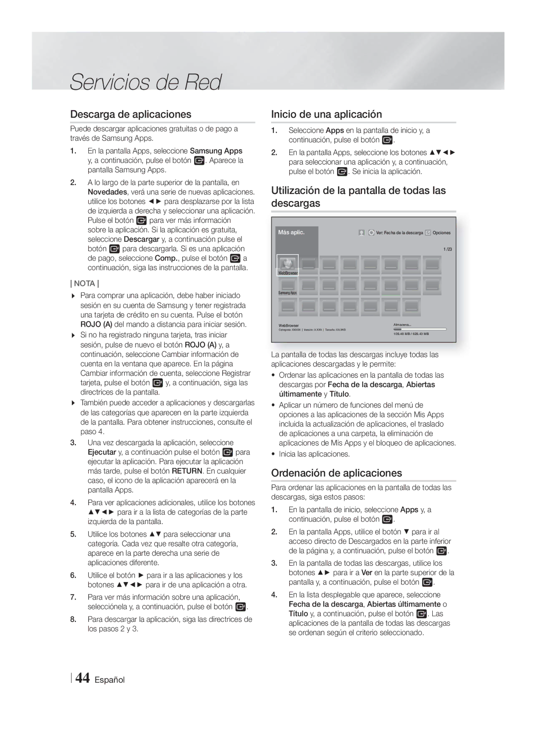 Samsung HT-FS9200/ZF Descarga de aplicaciones, Inicio de una aplicación, Utilización de la pantalla de todas las descargas 