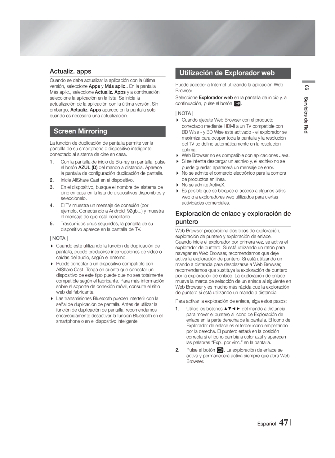 Samsung HT-FS9200/ZF manual Actualiz. apps, Utilización de Explorador web, Exploración de enlace y exploración de puntero 