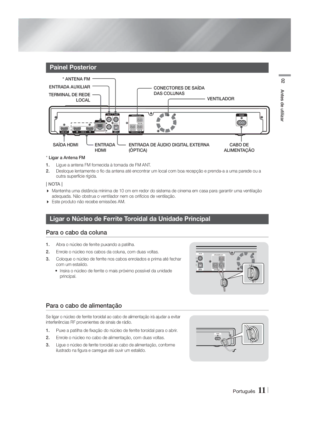 Samsung HT-FS9200/ZF Painel Posterior, Ligar o Núcleo de Ferrite Toroidal da Unidade Principal, Para o cabo da coluna 