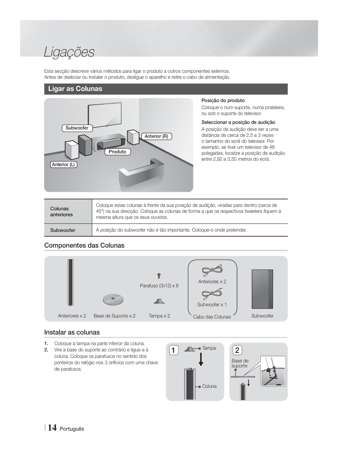 Samsung HT-FS9200/ZF manual Ligações, Ligar as Colunas, Componentes das Colunas, Instalar as colunas 