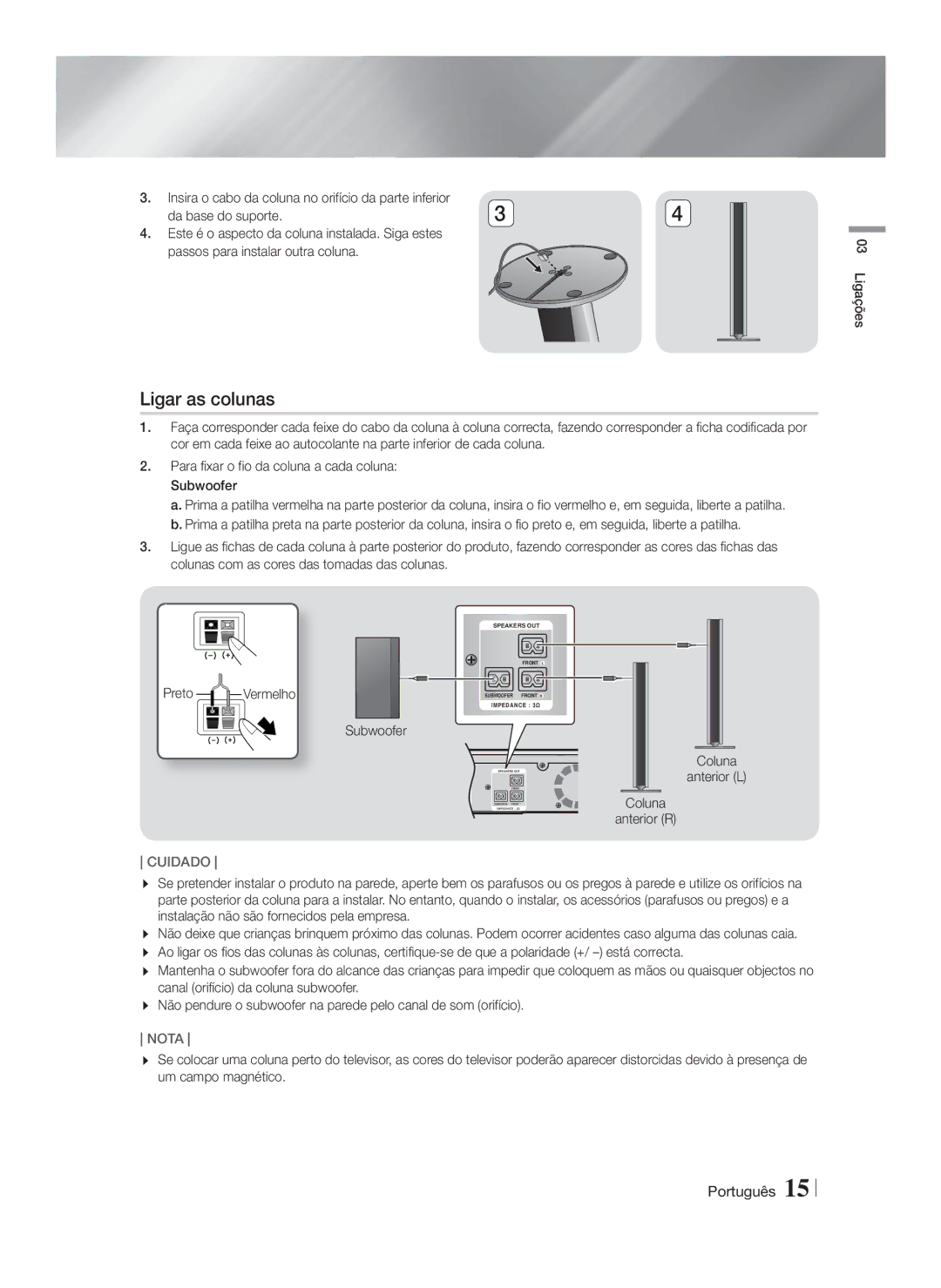 Samsung HT-FS9200/ZF manual Ligar as colunas, Coluna 