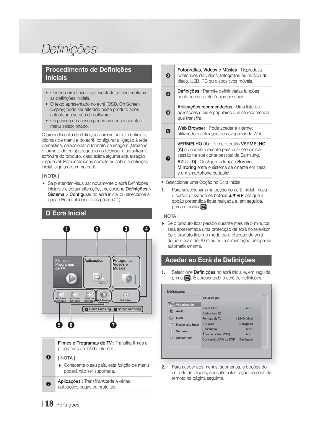 Samsung HT-FS9200/ZF manual Procedimento de Definições Iniciais, Ecrã Inicial, Aceder ao Ecrã de Definições 