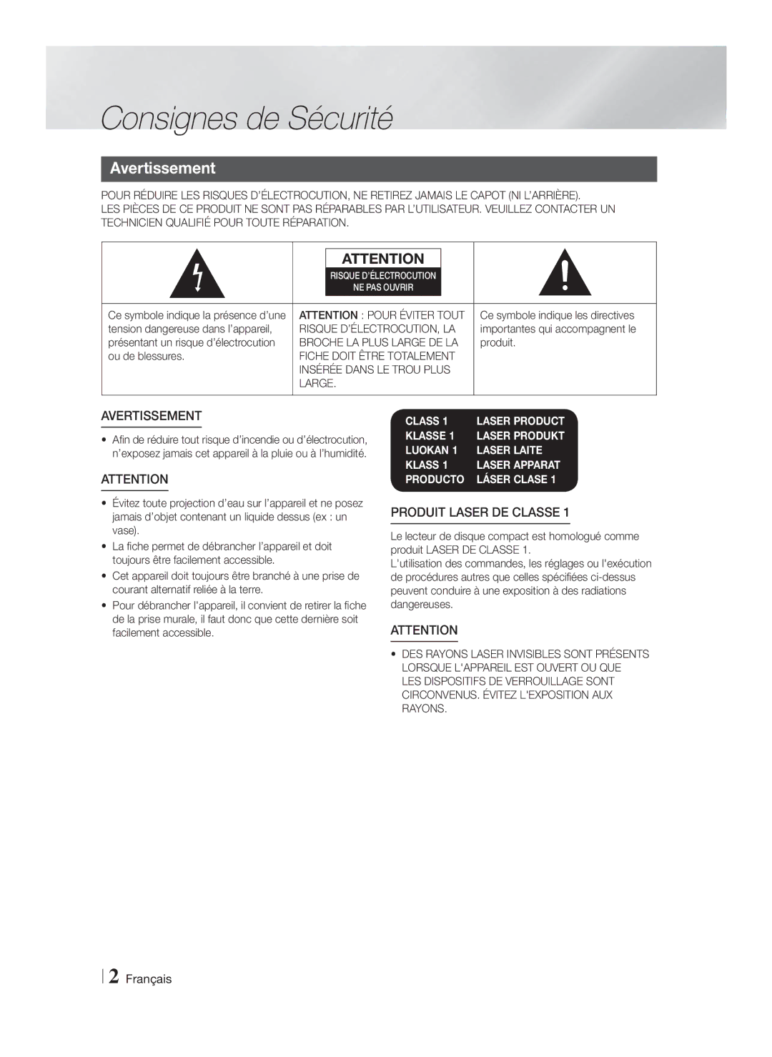 Samsung HT-FS9200/ZF manual Consignes de Sécurité, Avertissement, Risque D’ÉLECTROCUTION, LA, Broche LA Plus Large DE LA 