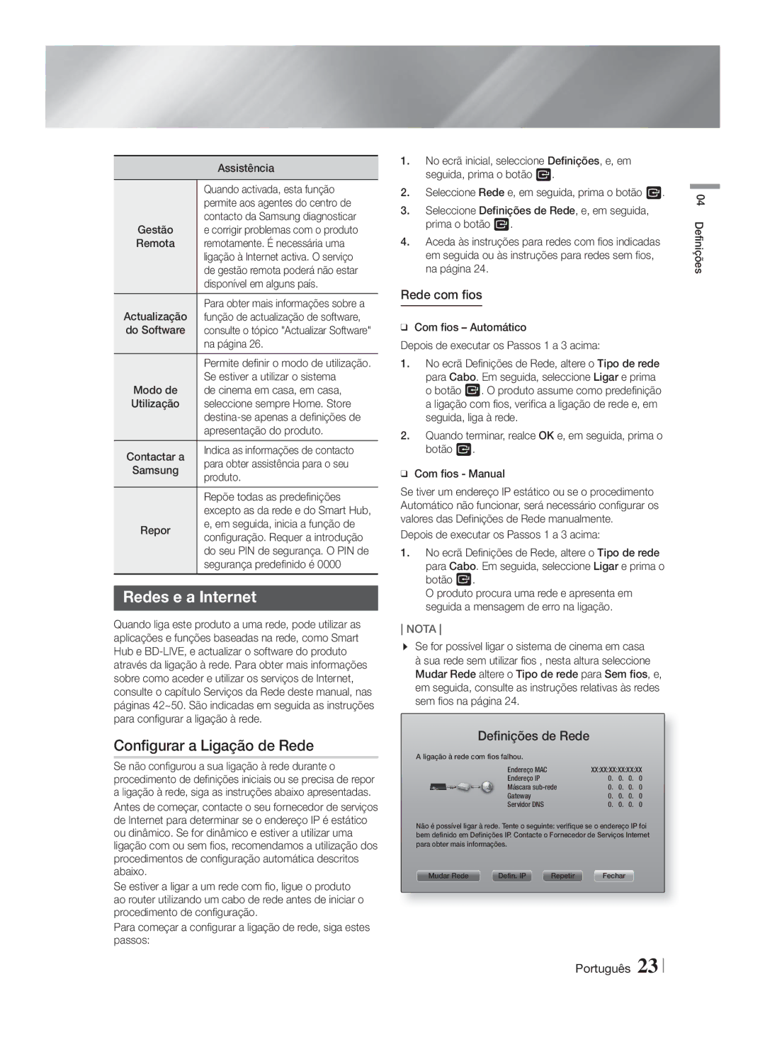 Samsung HT-FS9200/ZF manual Redes e a Internet, Configurar a Ligação de Rede, Rede com fios, Definições de Rede 