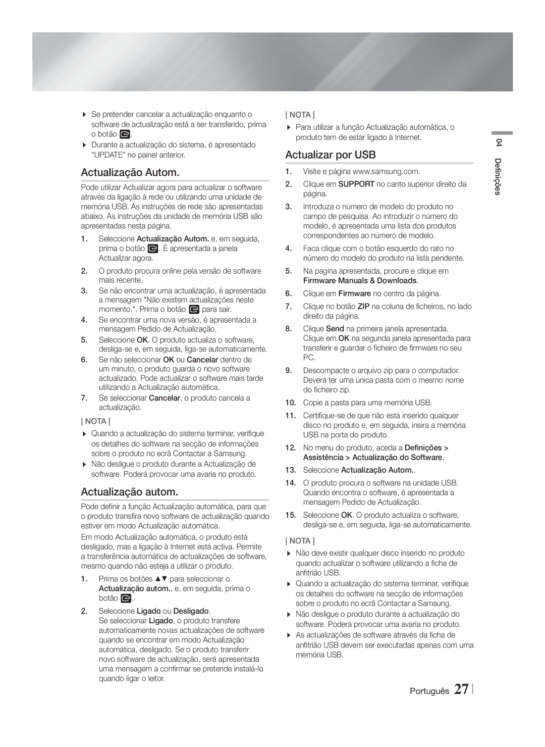 Samsung HT-FS9200/ZF manual Actualização Autom, Clique em Support no canto superior direito da página 