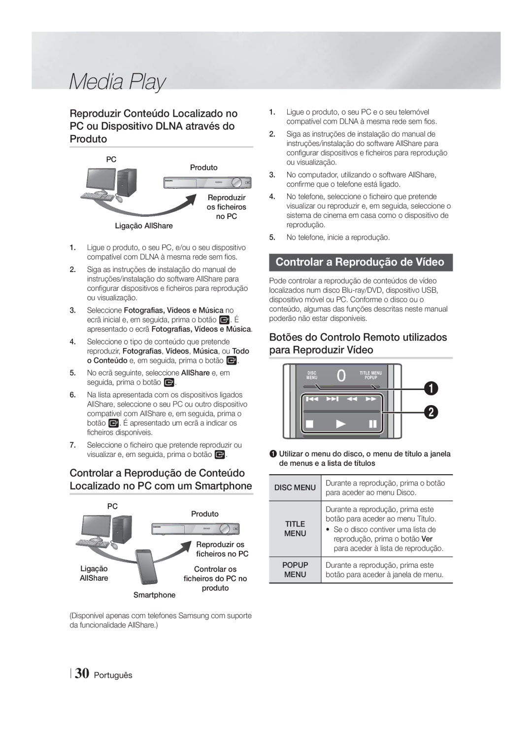 Samsung HT-FS9200/ZF manual Controlar a Reprodução de Vídeo, Botões do Controlo Remoto utilizados para Reproduzir Vídeo 