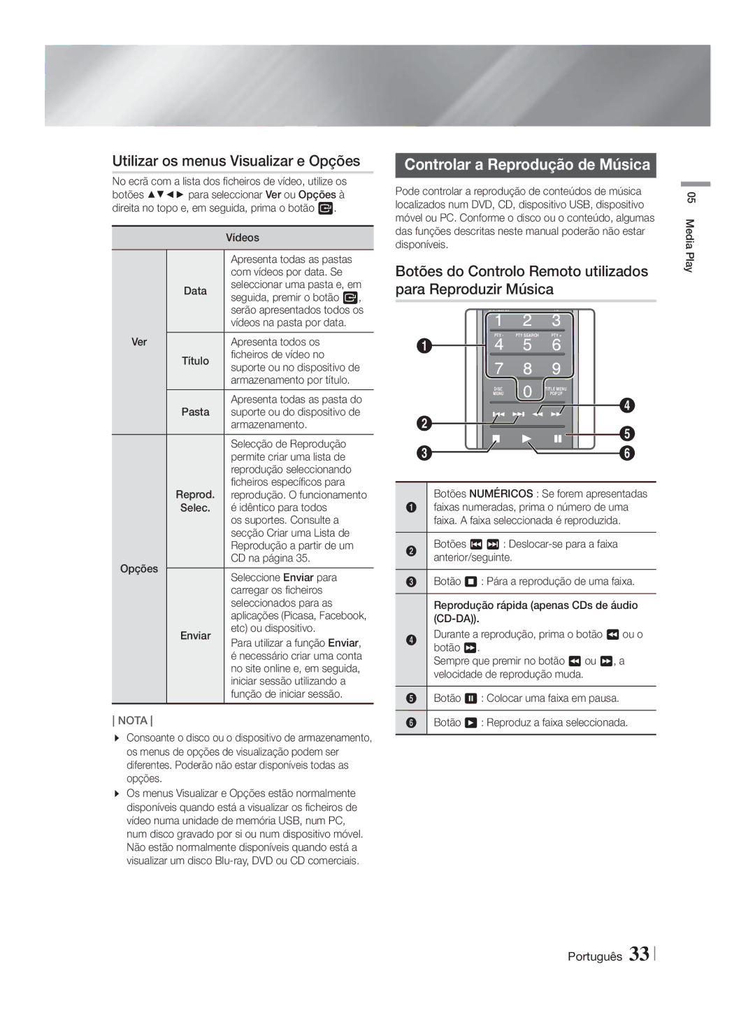 Samsung HT-FS9200/ZF manual Utilizar os menus Visualizar e Opções, Controlar a Reprodução de Música 