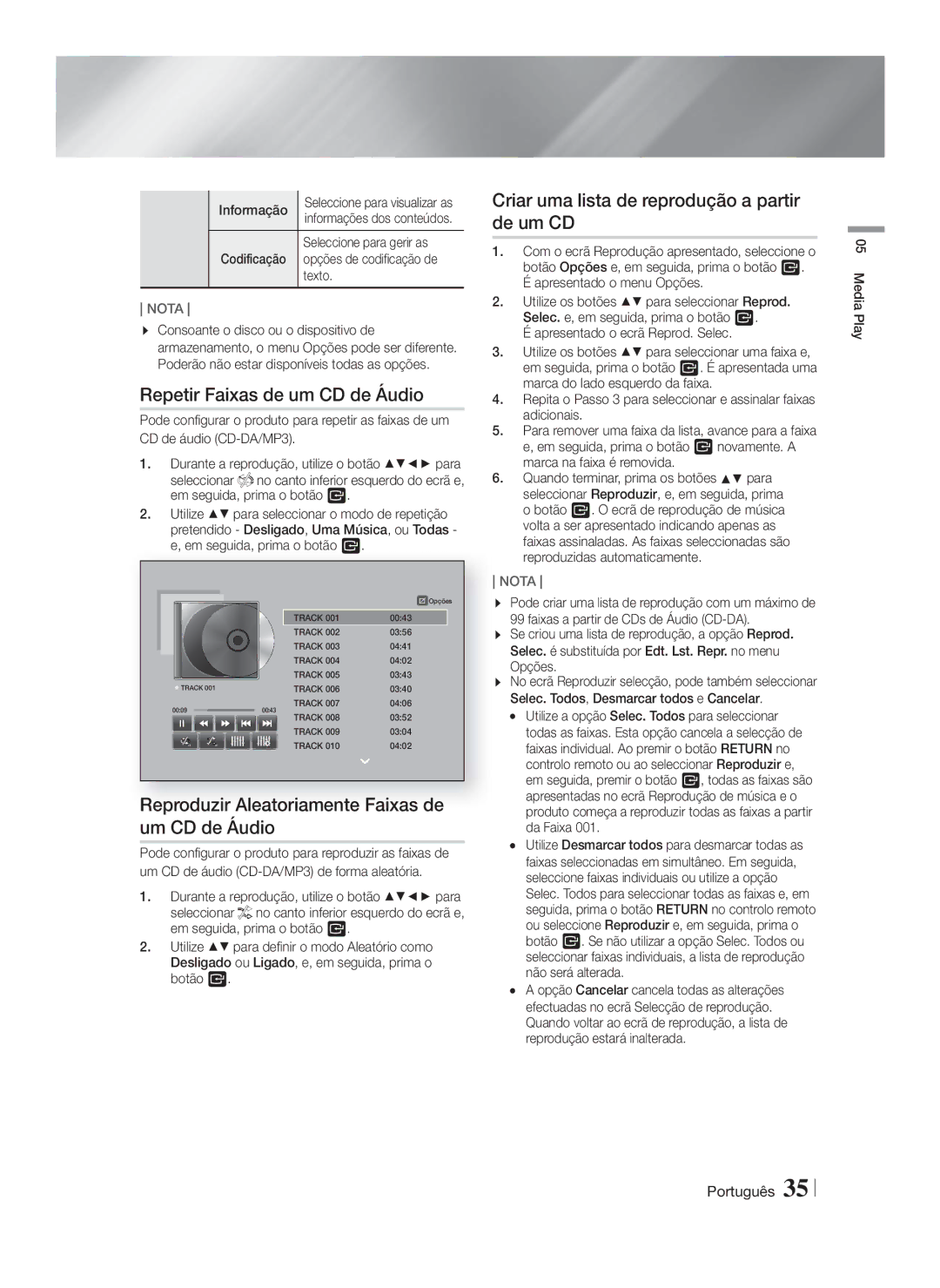 Samsung HT-FS9200/ZF manual Repetir Faixas de um CD de Áudio, Reproduzir Aleatoriamente Faixas de um CD de Áudio 