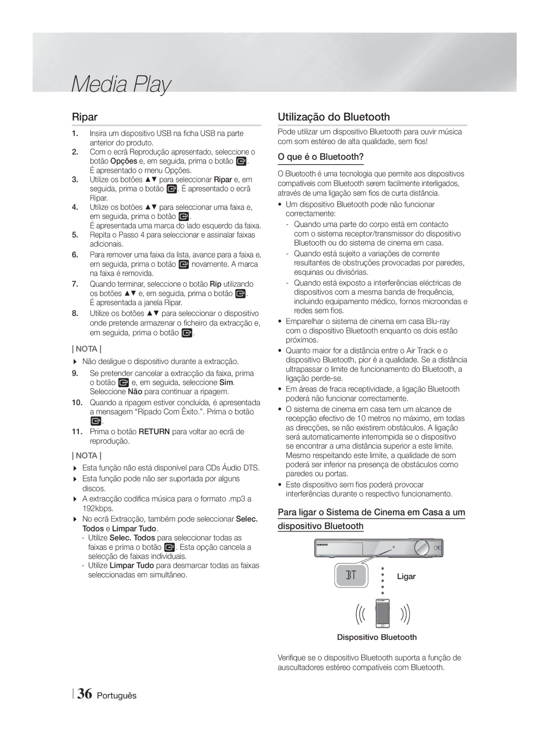 Samsung HT-FS9200/ZF manual Ripar, Utilização do Bluetooth, Que é o Bluetooth? 