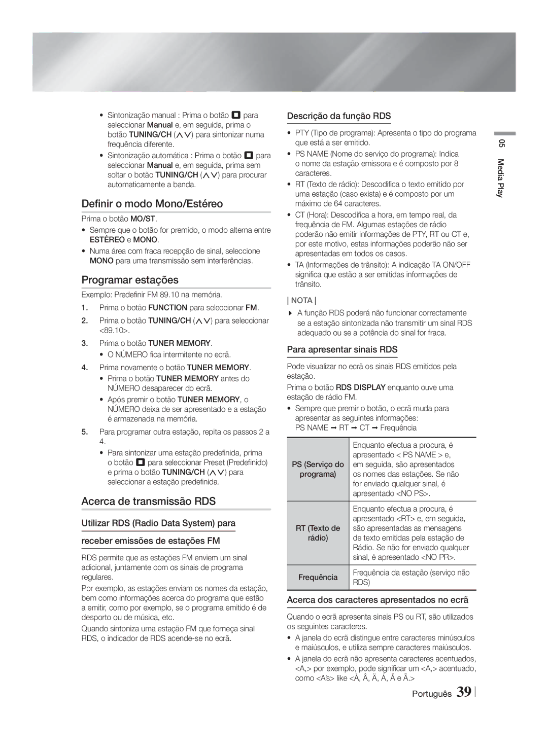 Samsung HT-FS9200/ZF manual Definir o modo Mono/Estéreo, Programar estações, Acerca de transmissão RDS 