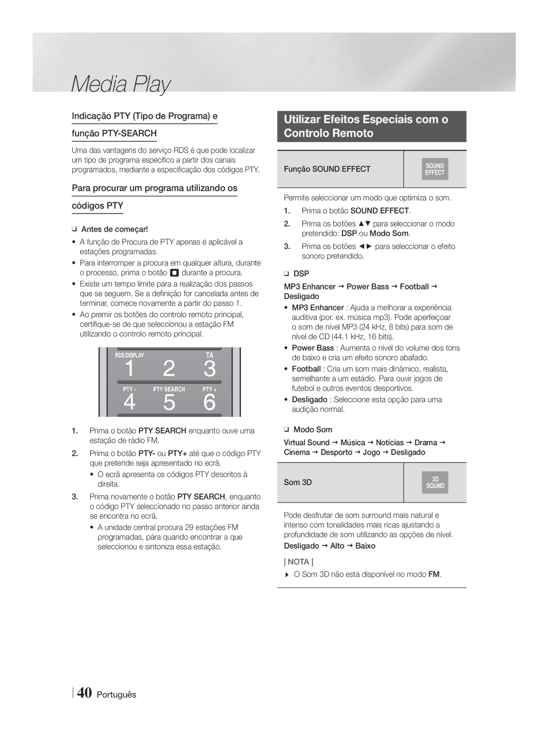 Samsung HT-FS9200/ZF Utilizar Efeitos Especiais com o Controlo Remoto, Indicação PTY Tipo de Programa e Função PTY-SEARCH 