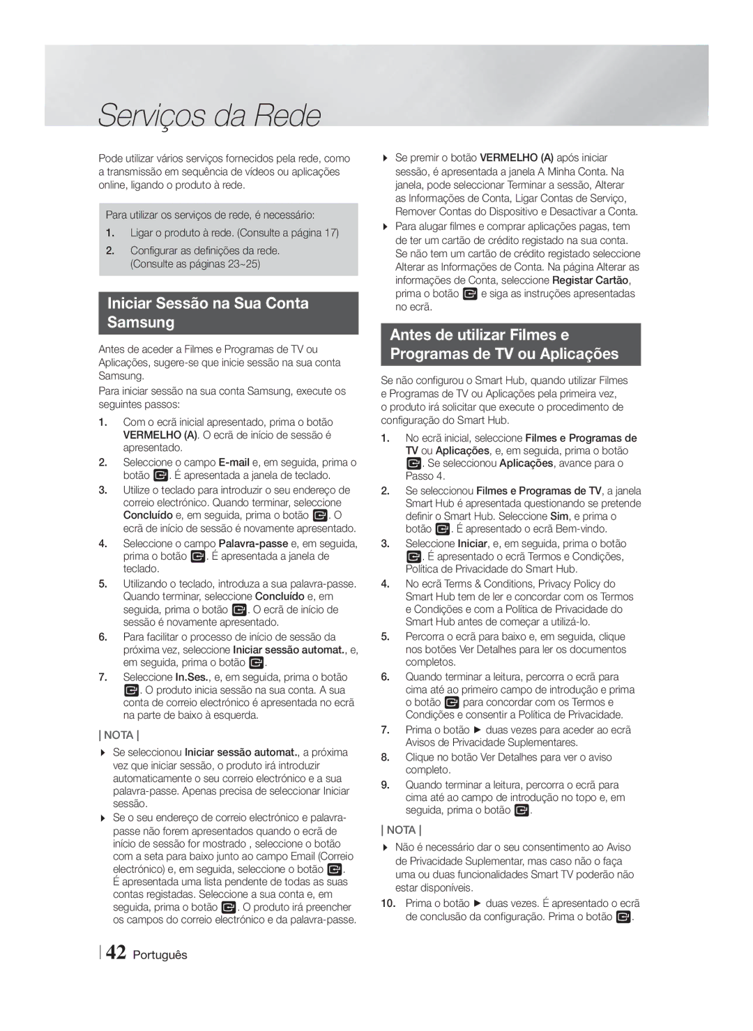 Samsung HT-FS9200/ZF manual Serviços da Rede, Iniciar Sessão na Sua Conta Samsung 