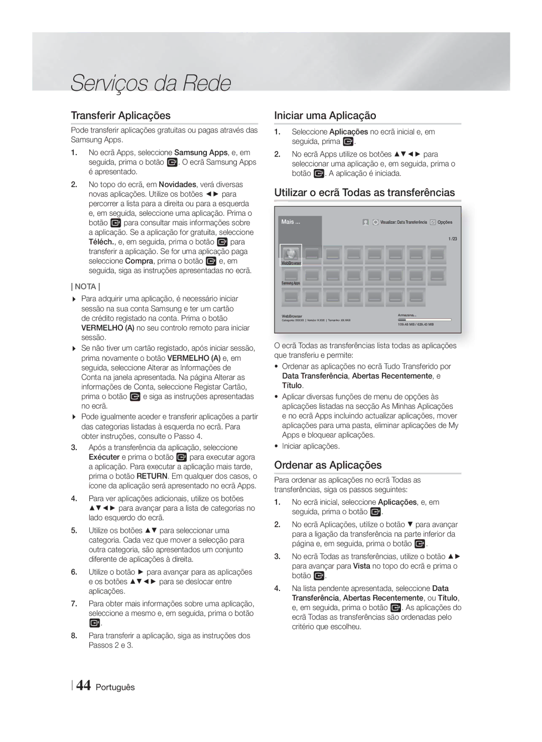 Samsung HT-FS9200/ZF manual Transferir Aplicações, Iniciar uma Aplicação, Utilizar o ecrã Todas as transferências 