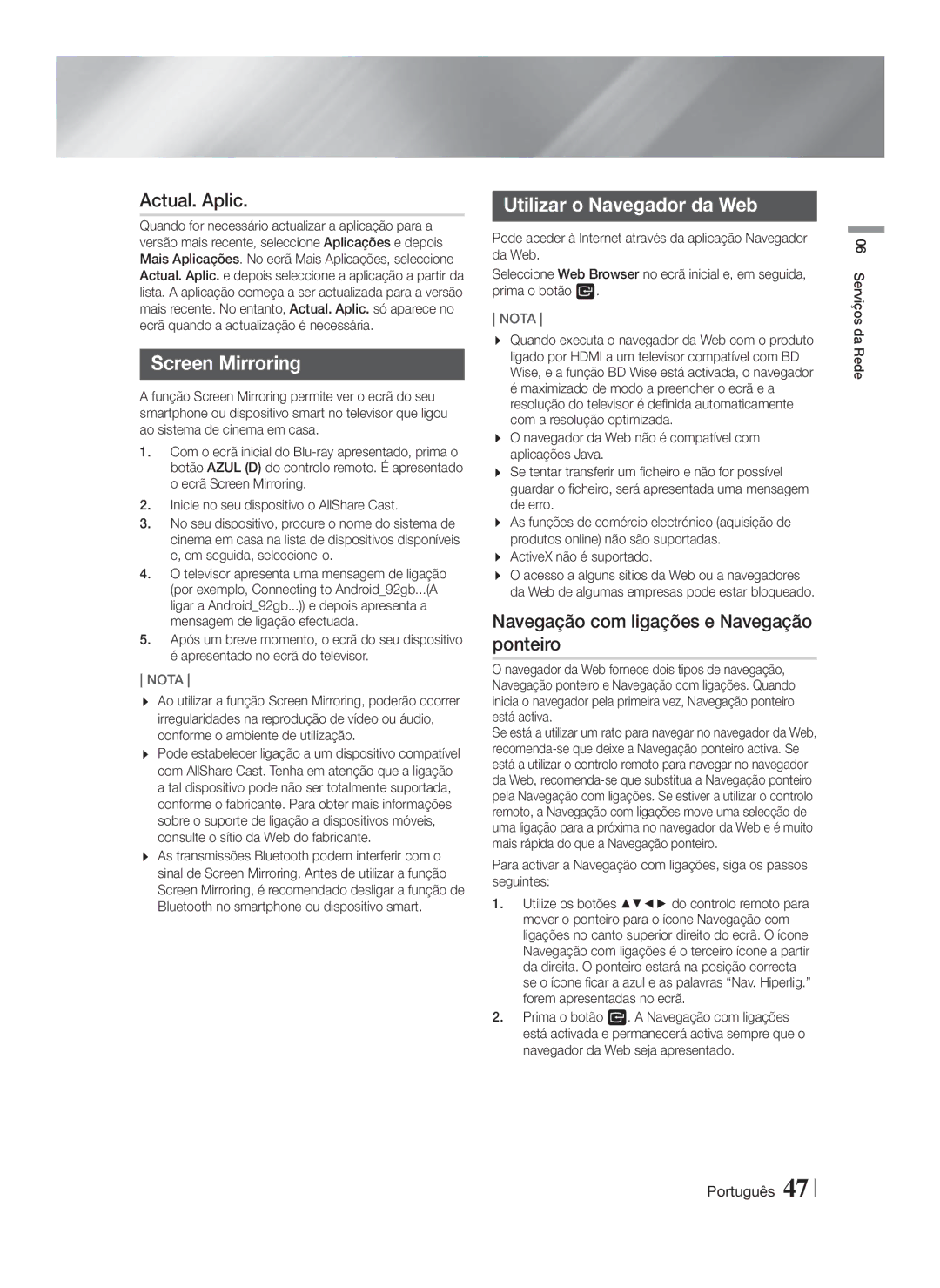 Samsung HT-FS9200/ZF manual Actual. Aplic, Utilizar o Navegador da Web, Navegação com ligações e Navegação ponteiro 