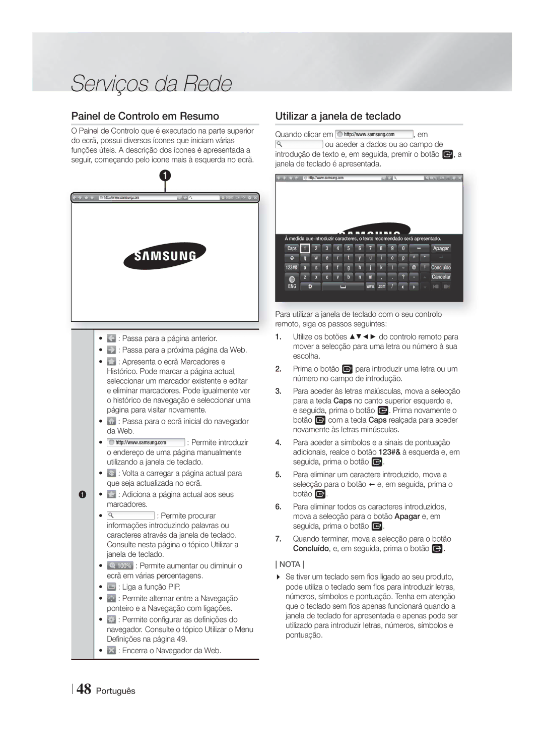 Samsung HT-FS9200/ZF manual Painel de Controlo em Resumo, Utilizar a janela de teclado 