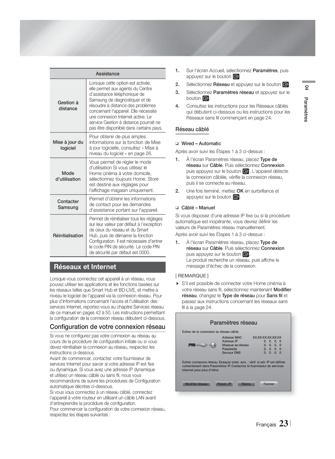 Samsung HT-FS9200/ZF manual Réseaux et Internet, Configuration de votre connexion réseau, Réseau câblé, Paramètres réseau 