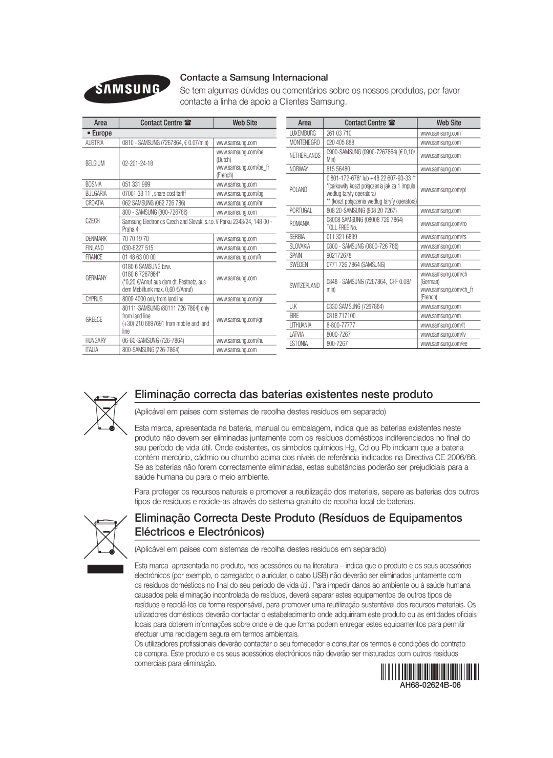 Samsung HT-FS9200/ZF Eliminação correcta das baterias existentes neste produto, Area Contact Centre  Web Site ` Europe 